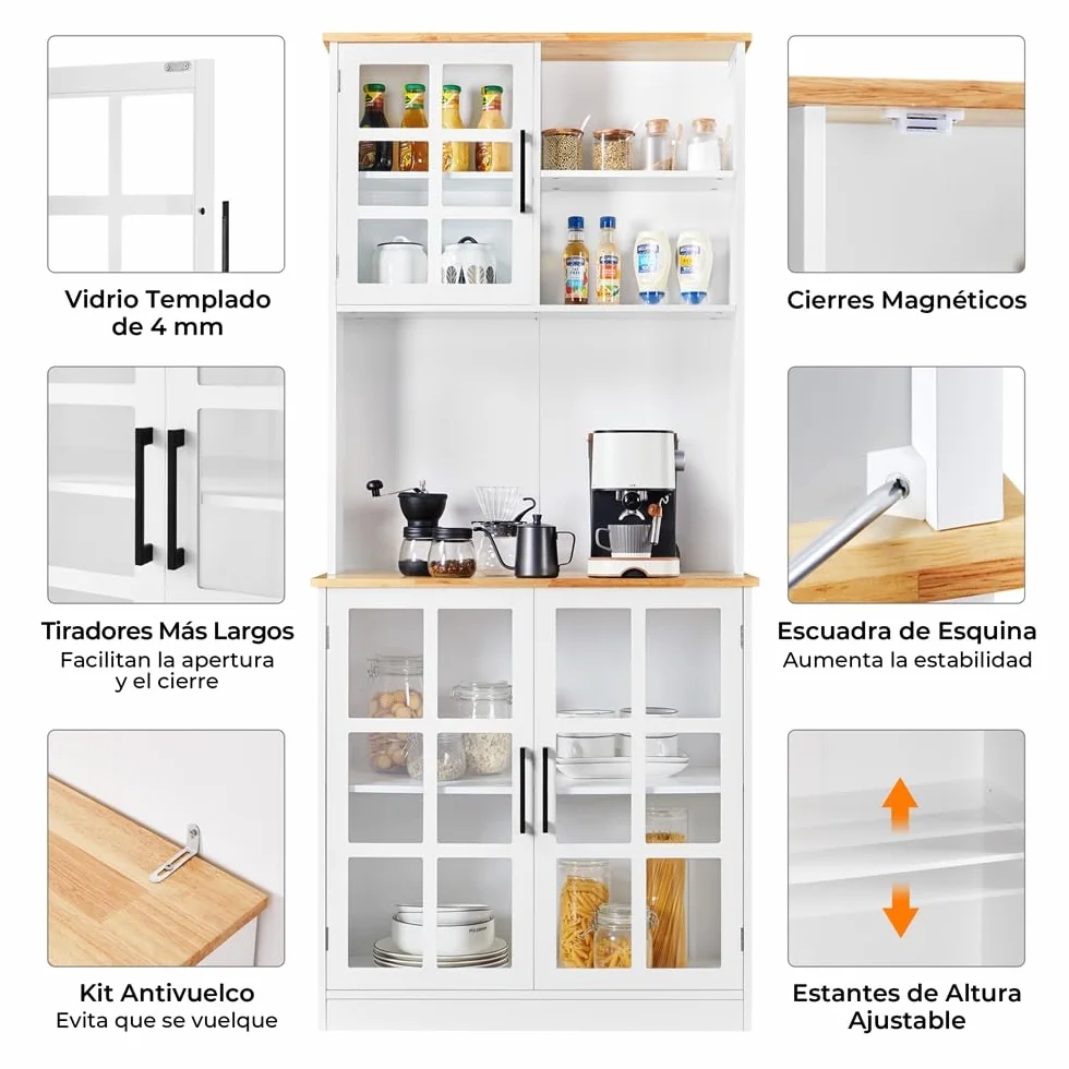 Yaheetech Alacena de Cocina Mueble Buffet Armario con Puertas de Vidrio, Estantes Ajustables 80 x 37 x 183 cm