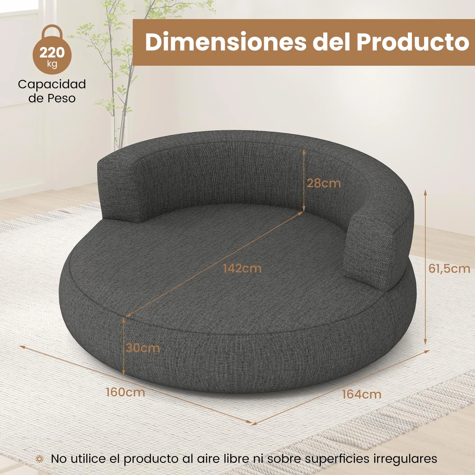 COSTWAY Sofá Hinchable XL, 160 x 164 x 61,5 cm, Sofá Cama Redonda Inflable con Funda Desmontable, Zona Espaciosa y Reposabrazos Amplios, Sillón Hinchable para Salón, Dormitorio, Oficina (Gris)