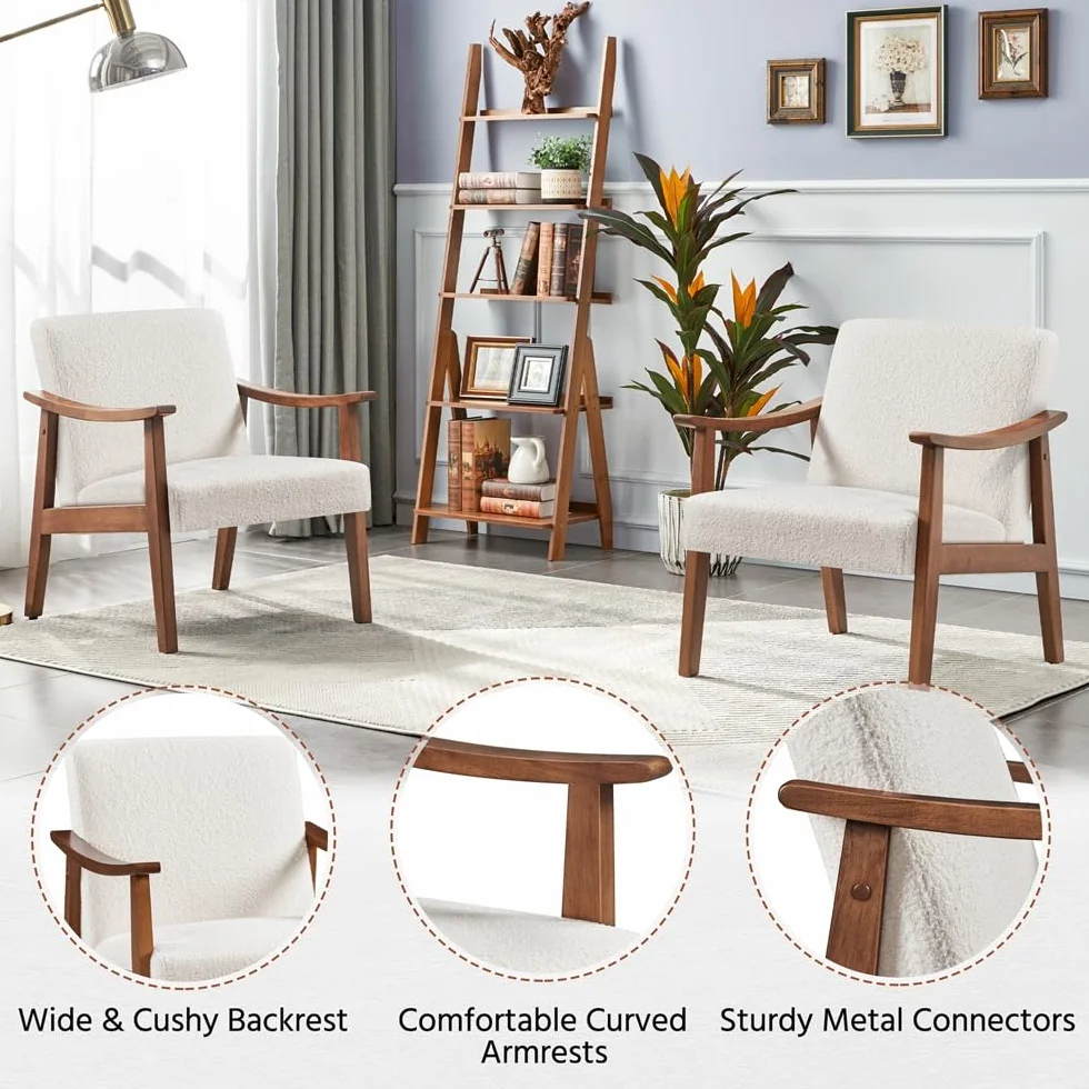 Yaheetech Butaca de Salón Tapizado en Bouclé Sillón Individual con Respaldo Acolchado y Reposabrazos de Madera Maciza Sofá Individual Ergonómico Soporte 136 kg Blanco