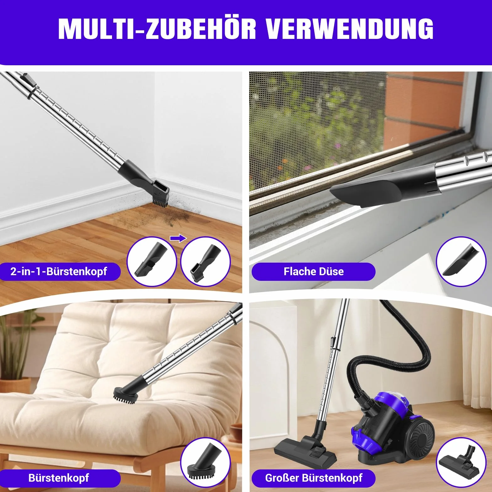 Aspiradora sin bolsa de 1000 W con fuerte fuerza de succión para pelo de animales, aspiradora sin bolsa, cable automático y accesorios para suelos, alfombras, tapicería