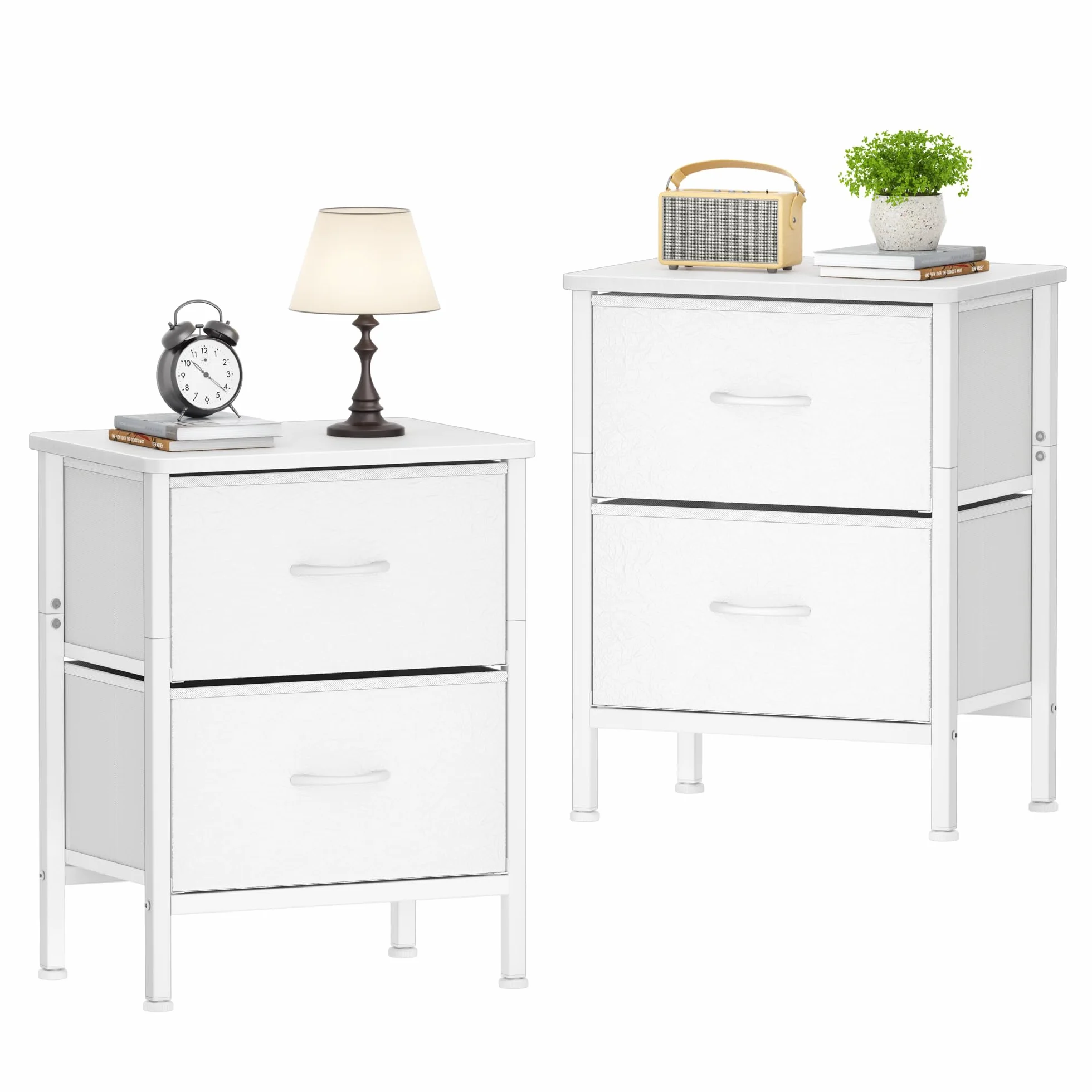 HOMIDEC Mesita de Noche, Juego de 2 Mesitas de Noche con Estructura de Metal y 2 Cajones de Tela de Gran Capacidad para Dormitorio, Salón, Color Blanco, 42 x 30 x 55 cm