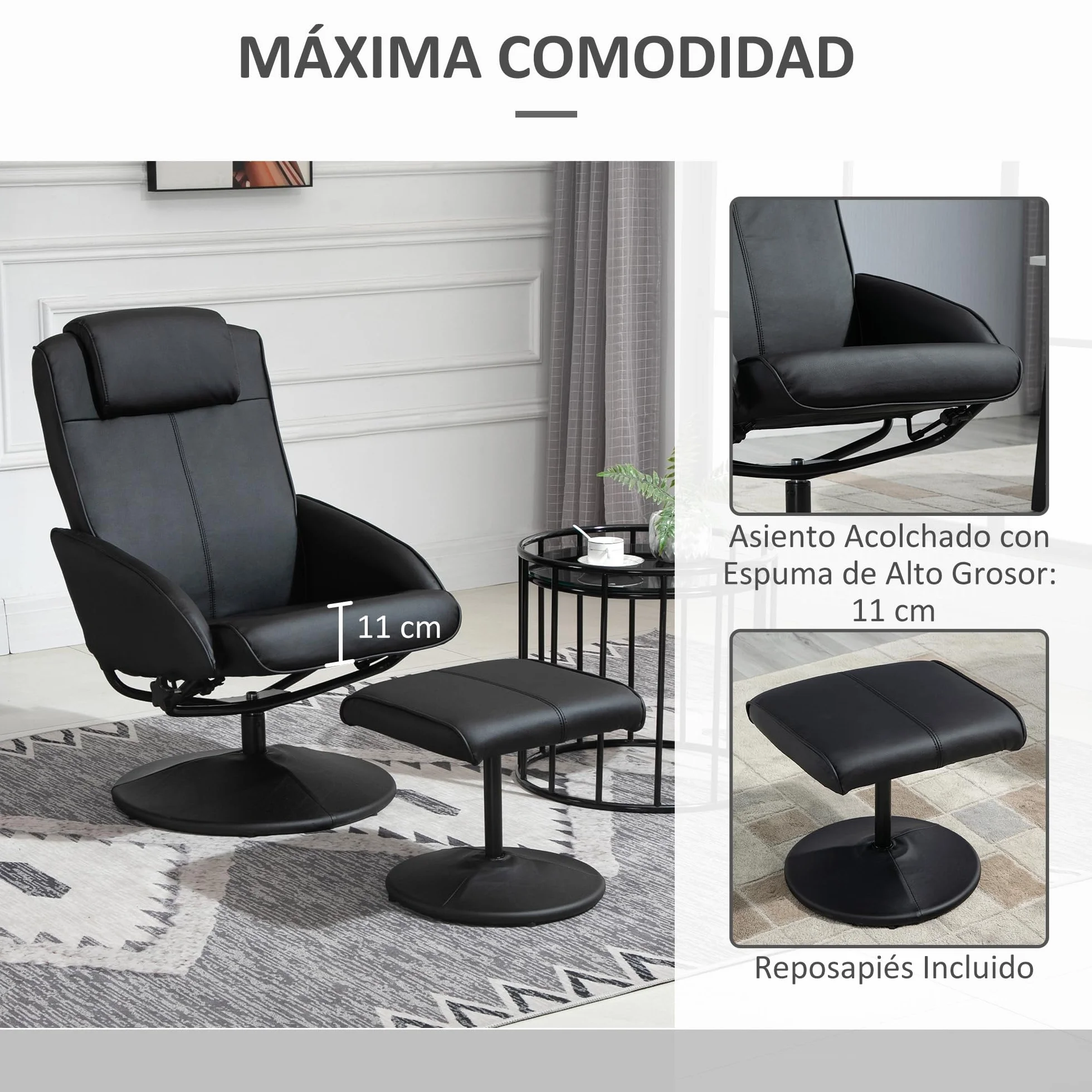 HOMCOM Sillón Reclinable con Reposapiés Sillón de Salón Giratorio con Tapizado en PU y Estructura de Acero Carga 120 kg Butaca para Dormitorio Sala de Estar Negro