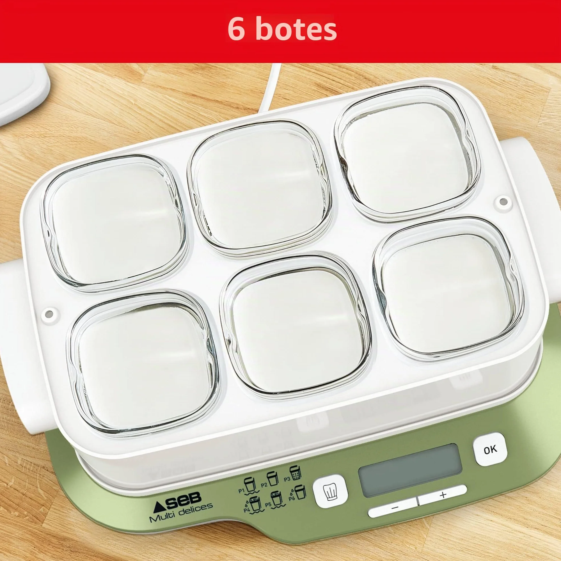 Seb Multi Delices Express Vegetal Yogurtera 6 tarros de vidrio 140 ml, libre de BPA, 6 programas, programa expreso, fabricado en Francia YG660A11
