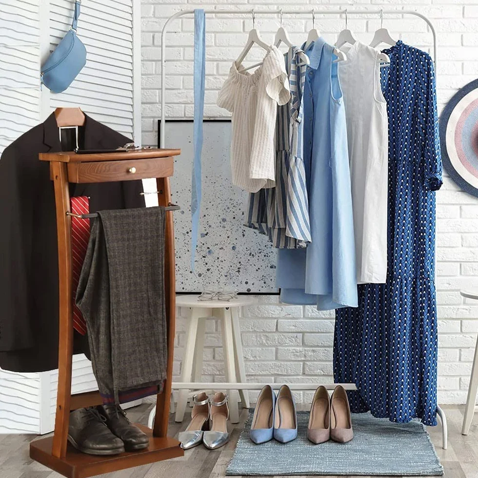 Galán de Noche de Madera, Galan de Noche Moderno con Estantes, Multifuncional Perchero con Cajones, Perchero para Ropa de Pie en el Suelo Hombro Ancho Curvo, para Dormitorio