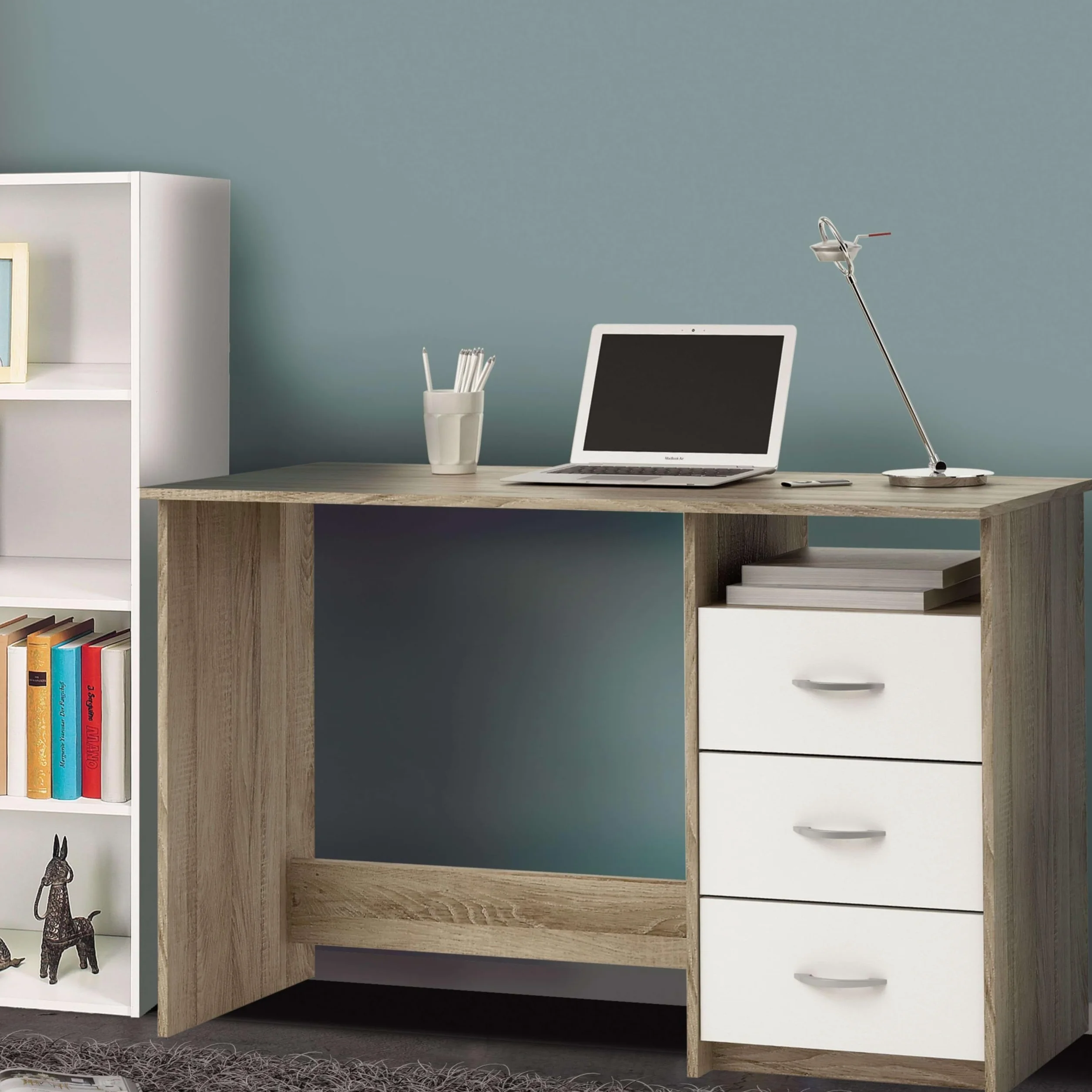 Mesa Escritorio Reversible 3 Cajones Roble y Blanco 123 cm