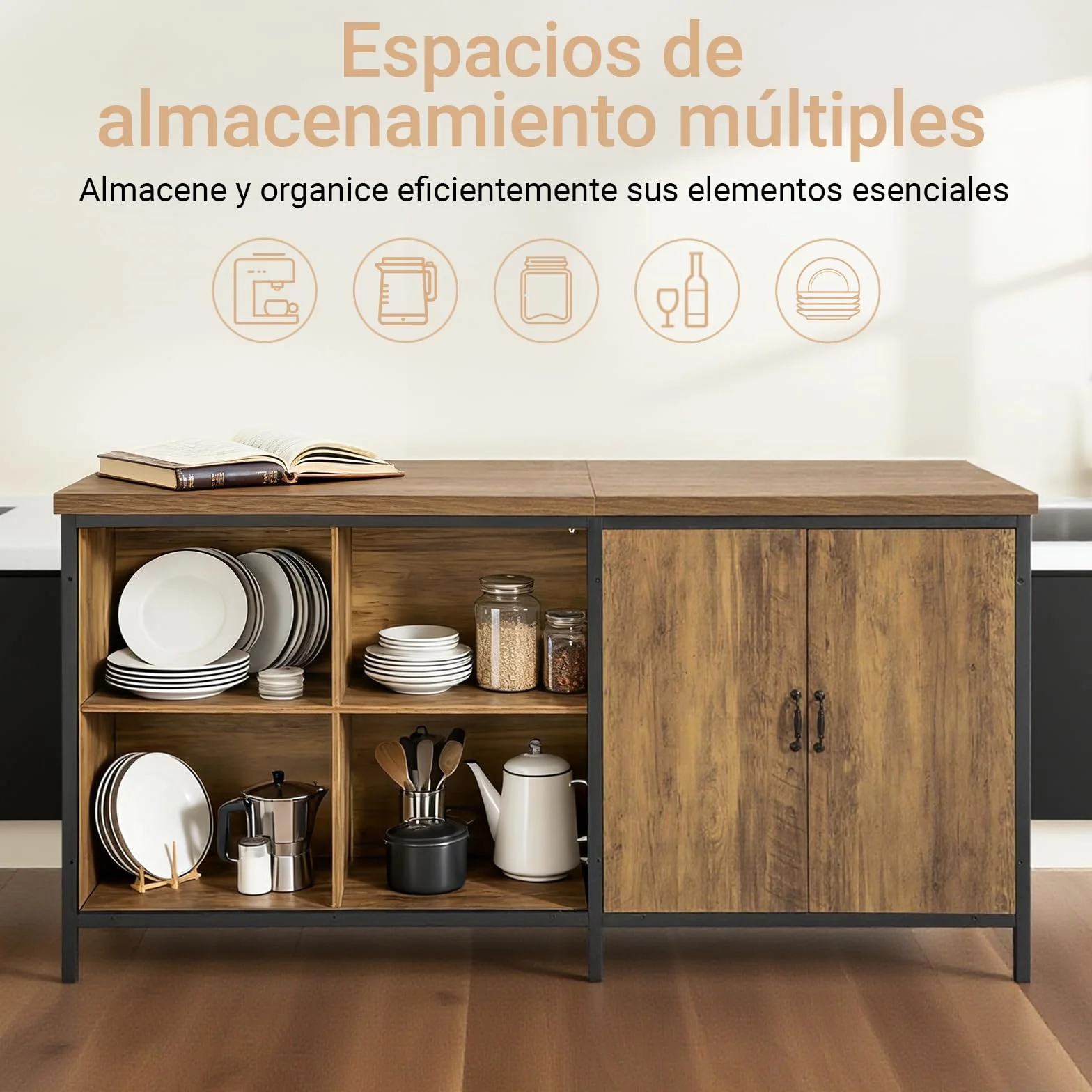 SoBuy Isla de Cocina, Armario de Almacenaje Multifuncional, Mueble de Cocina, Sideboard para Sala de Estar, Aparador, Armario Auxiliar Vintage 170 x 60 x 89 cm KNL01-F