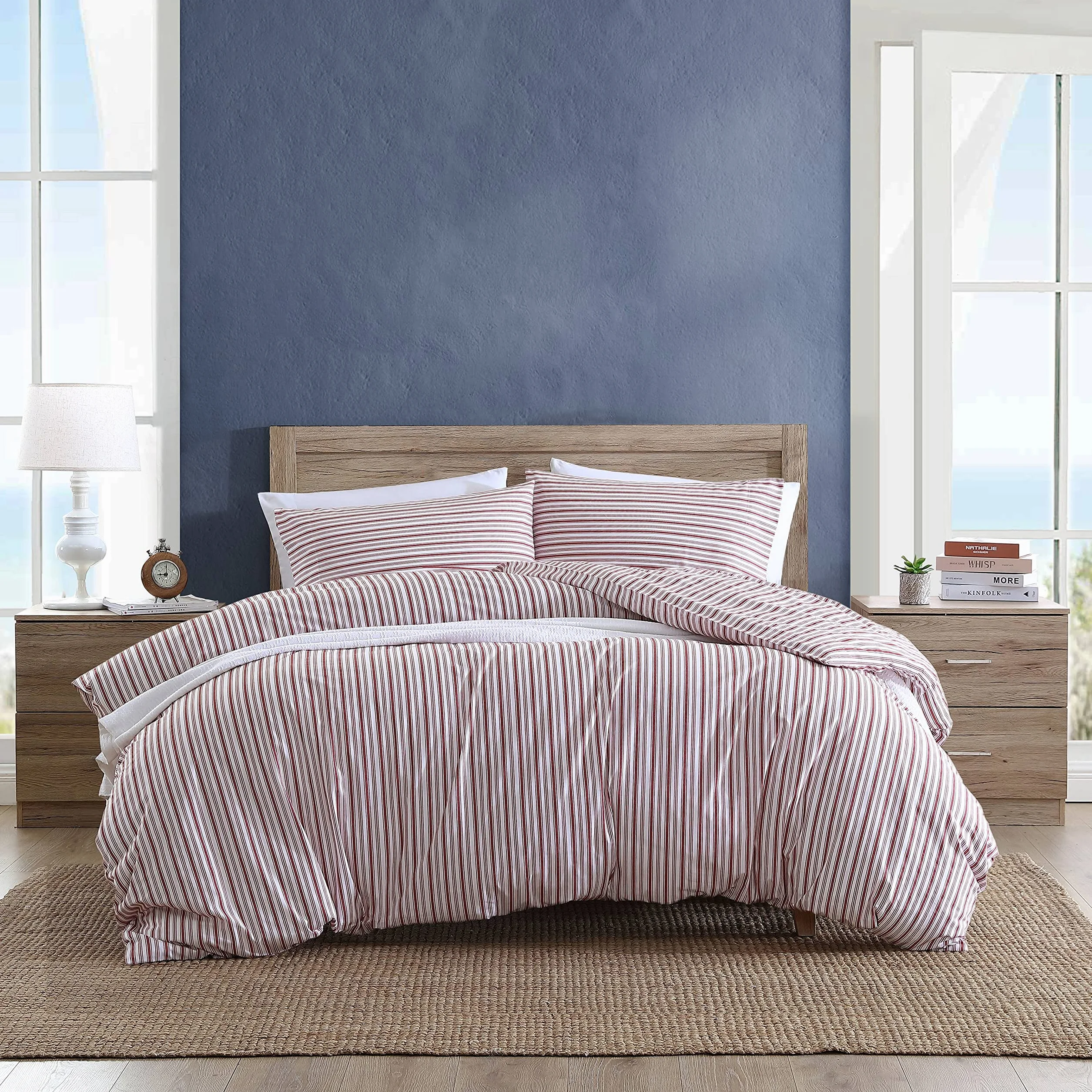 Nautica - Funda de edredón tamaño Queen, Ropa de Cama Reversible de algodón con Cierre de botón, decoración Casual del hogar para Todas Las Estaciones (Coleridge Stripe Red, Queen)
