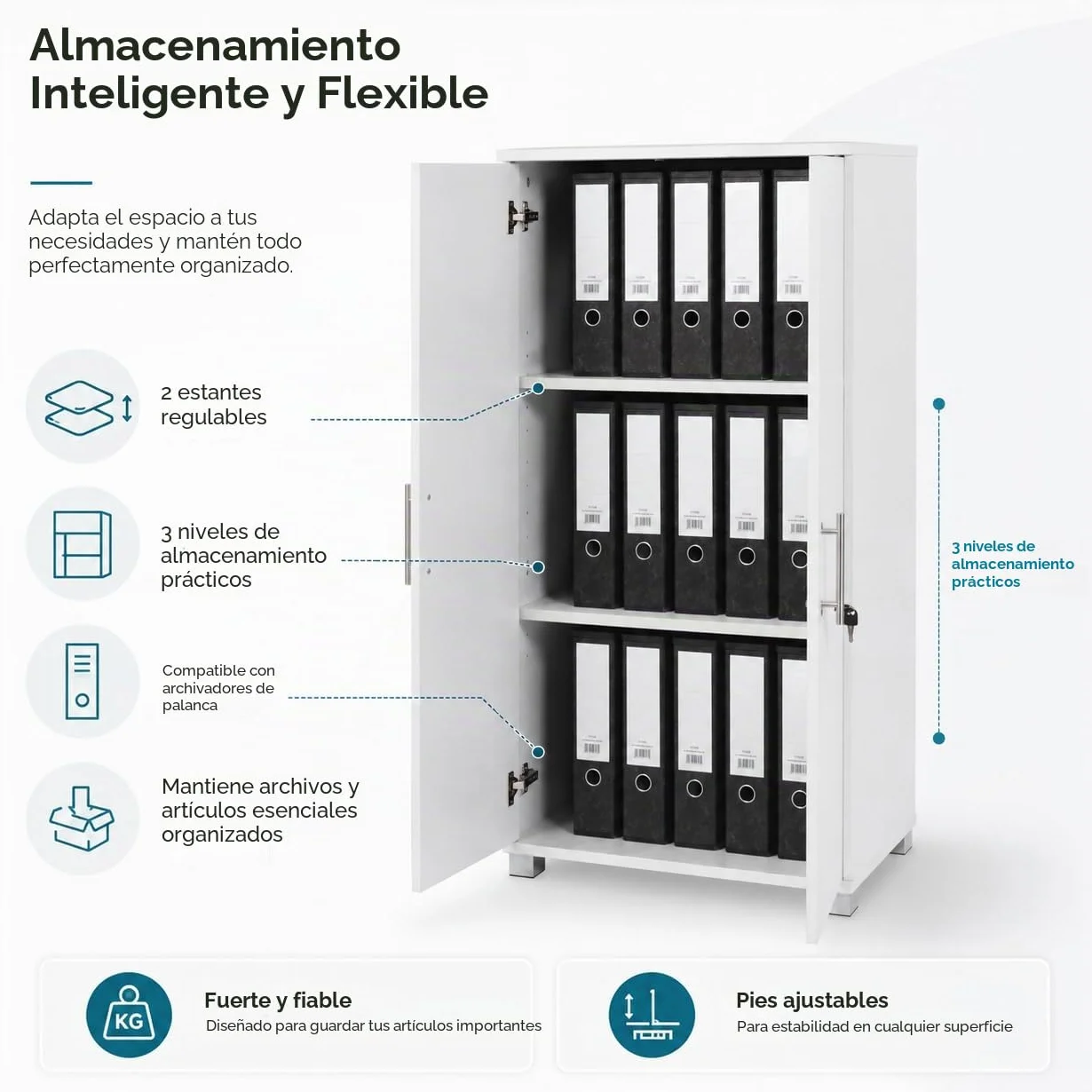 MMT - Armario de Almacenamiento de Oficina, Madera Blanca, 120 cm de Alto, con Cerradura, para Oficina, Garaje, Utilidad.