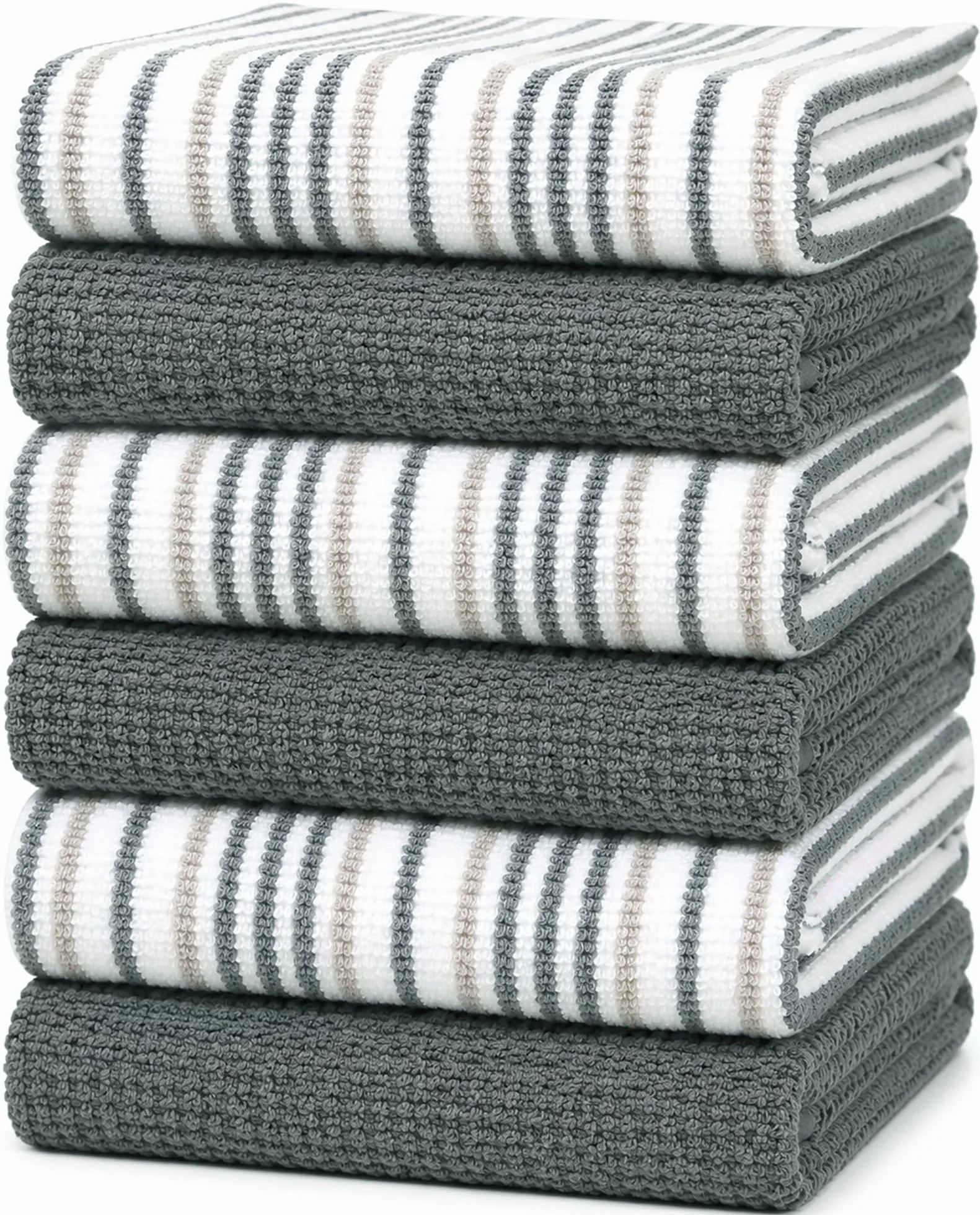 Juego de 6 toallas de cocina grandes, 16 x 26 pulgadas, 3 diseños de rayas de palomitas de maíz + 3 toallas de mano de algodón teñido de color sólido, juego de paños de cocina a juego suaves (gris)