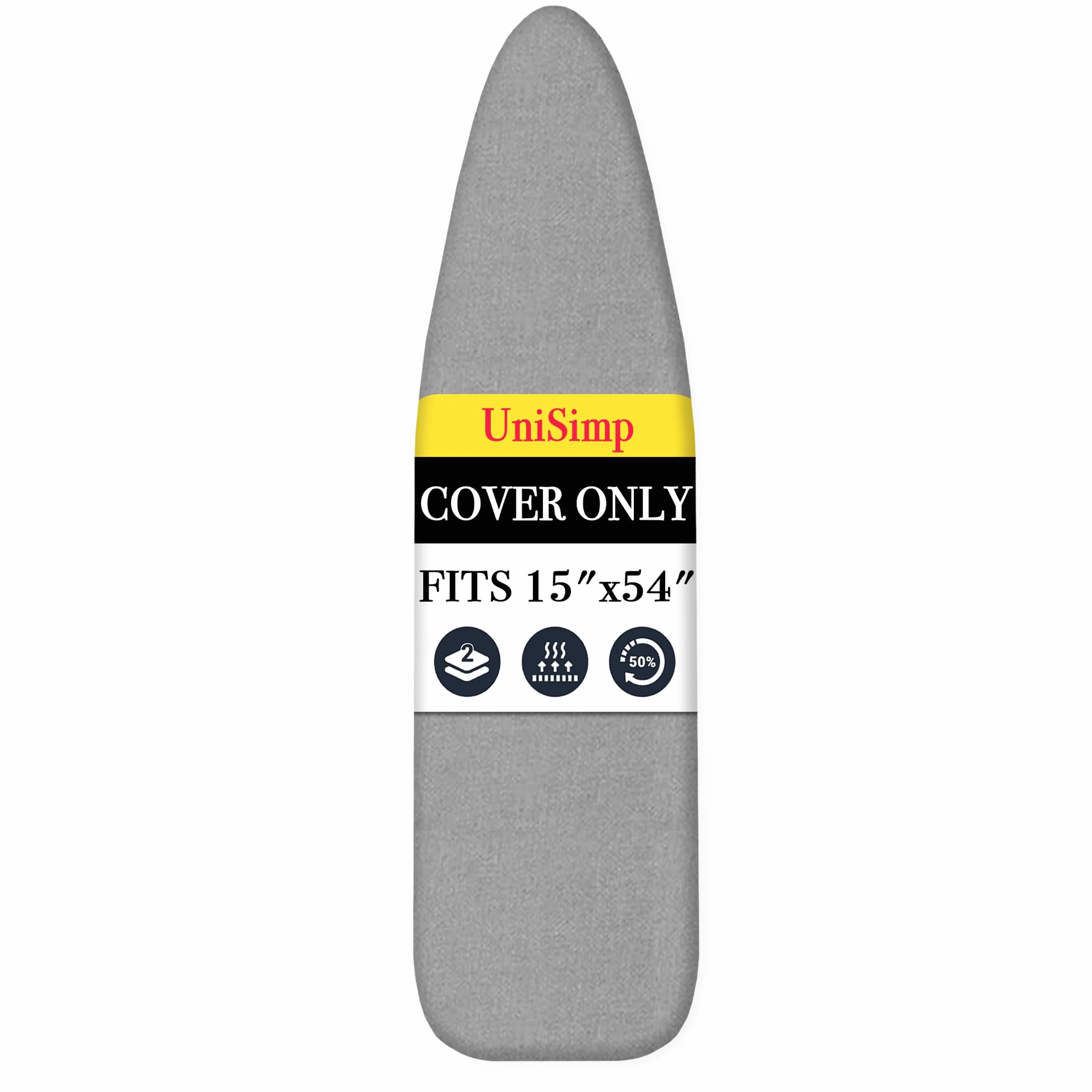 UniSimp - Funda con base para tabla de planchar, 38 × 137 cm, algodón natural extragrueso, resistente a quemaduras y manchas, tamaño estándar, fijaciones resistentes, borde elástico, gris