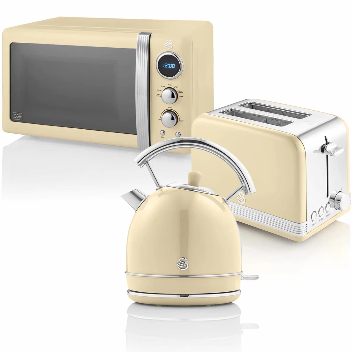 Swan Retro Set Desayuno Hervidor de Agua 1,8 L, Tostadora Pan Ranura Ancha 2 Rebanadas, Microondas Digital 20L, 6 Niveles de Potencia, Temporizador, Puerta Espejo, Diseño Vintage, Crema