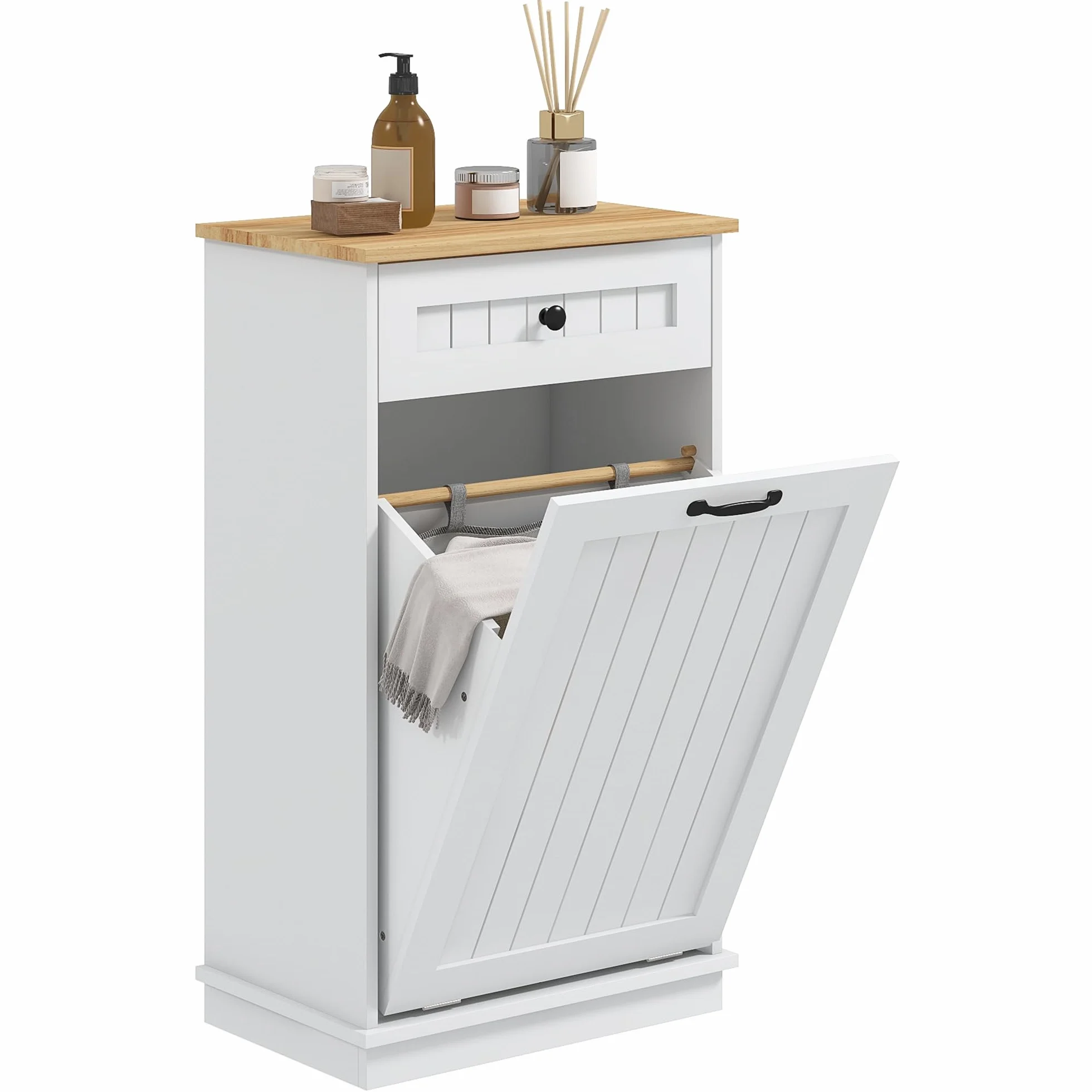 HOMCOM Mueble Auxiliar de Baño Cesto para Ropa Sucia Armario de Baño con Cajón y Diseño Anti-vuelco Mueble de Baño Moderno 52x33x90 cm Blanco