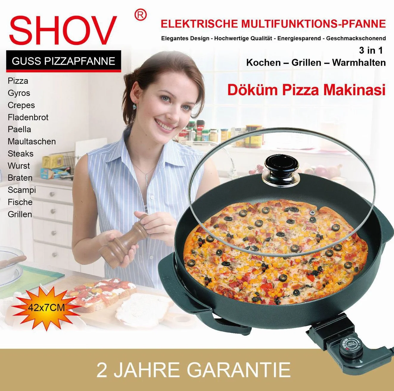 SHOV Sartén eléctrica de 42 cm, con tapa, termostato y antiadherente, 3 en 1 para cocinar, asar, mantener el calor, 1200 W