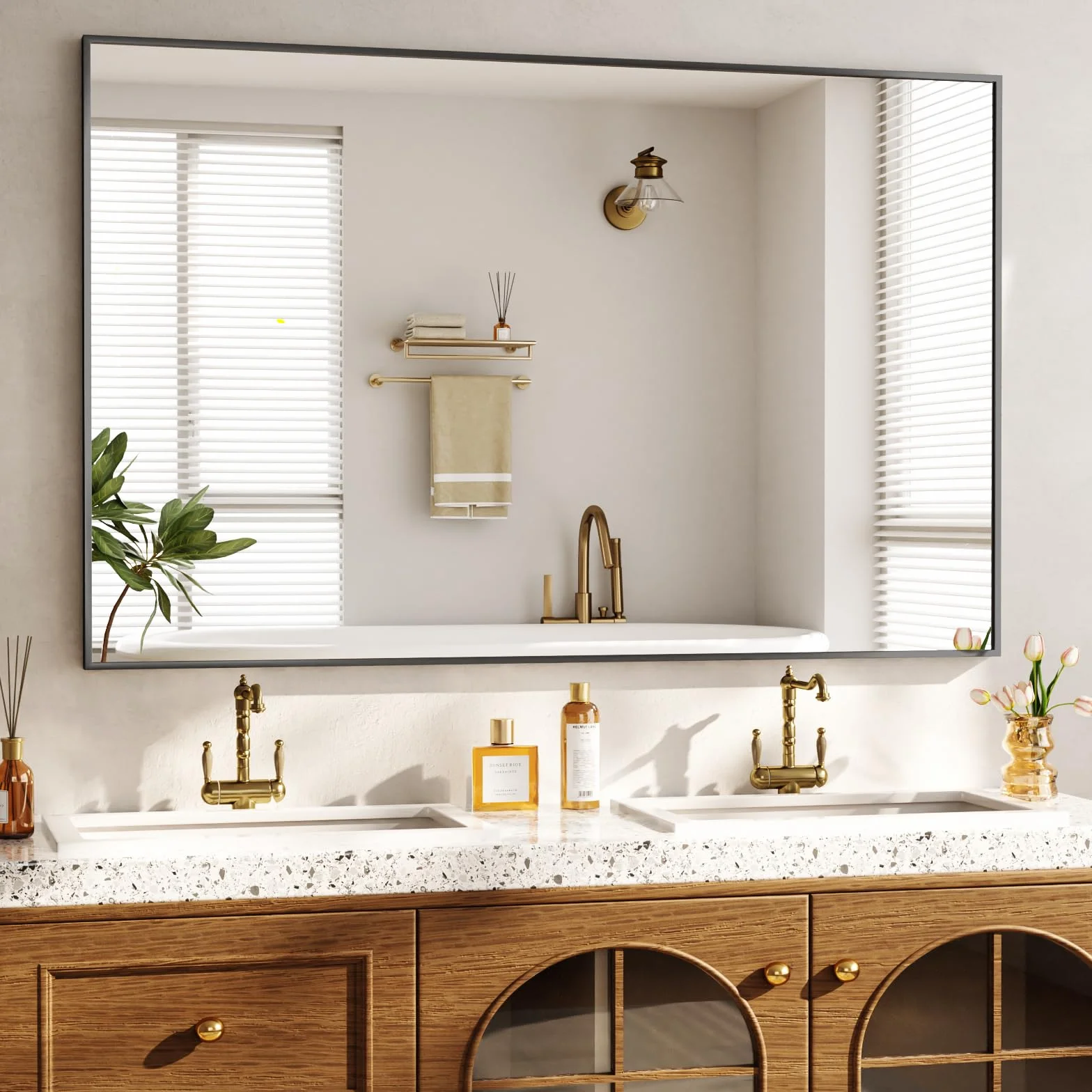BEAUTYPEAK Espejo de pared rectangular 120 x 75 cm, marco de aluminio dorado, irrompible para baño, dormitorio, sala de estar
