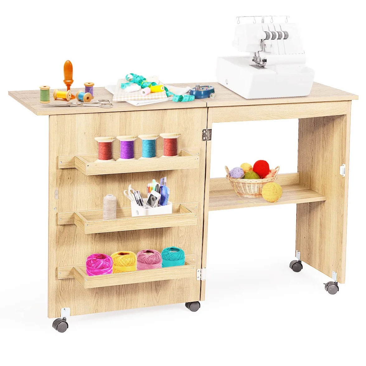 RELAX4LIFE Mesa de Costura Plegable Con 5 Ruedas, Frenos y 4 Estantes de Almacenamiento, Para Máquina de Coser de MDF, Multifuncional Para Salón, Dormitorio, Estudio, 118,5x40x79,5cm, Beige