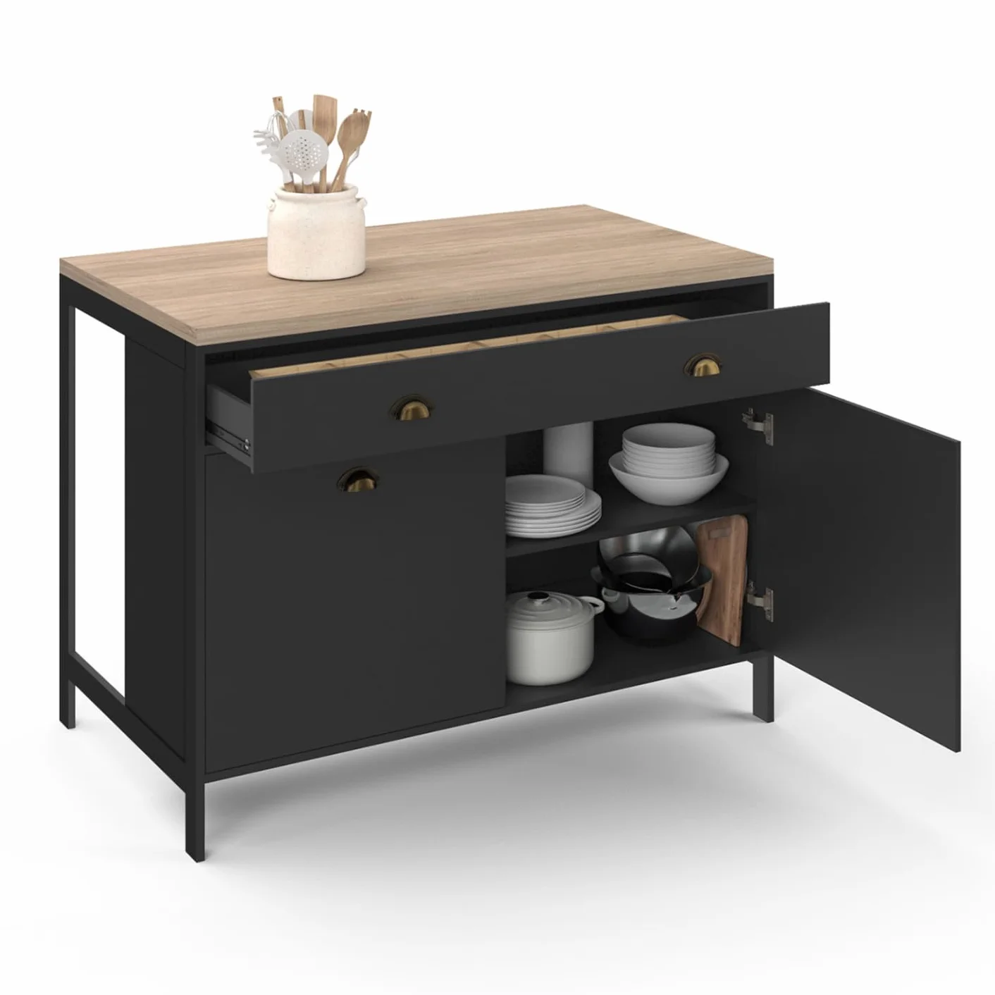 IDMarket - Isla central 120 cm campo ISIS con madera efecto haya y tablero negro