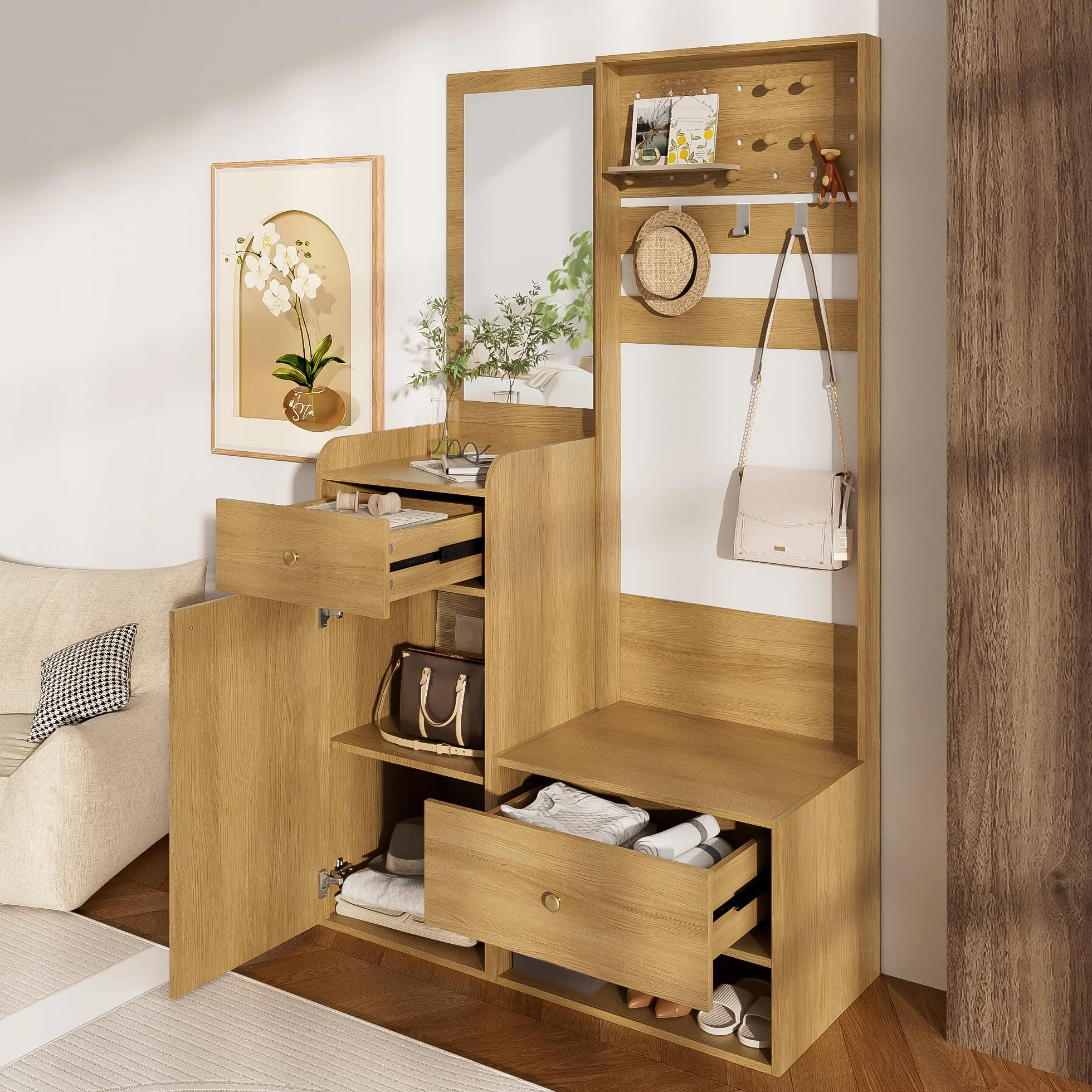 Perchero compacto con espejo, moderno estante de entrada para pasillo con ganchos ajustables y estantes, para zapatos, abrigos y objetos pequeños, blanco, 105 x 38 x 180 cm (color madera)