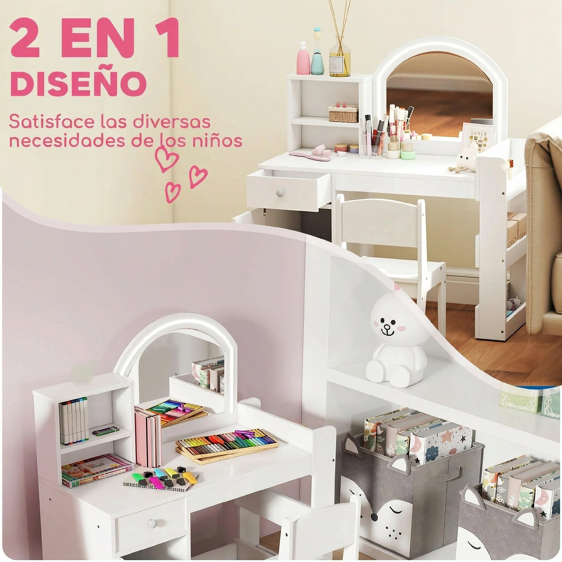 AIYAPLAY Tocador de Maquillaje Niña Infantil con Taburete, Espejo LED, Cajón y Estantes, Blanco