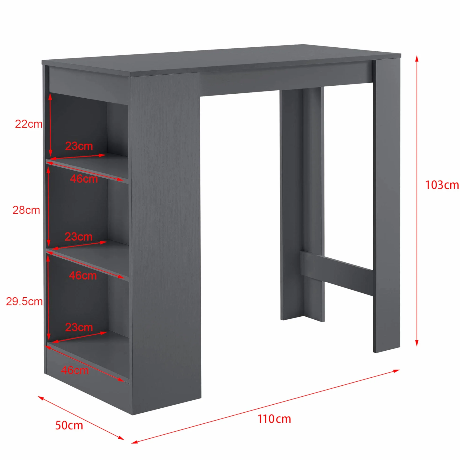 [en.casa] Mesa Alta Cocina Kouvola Mesa de Bar Bistro Elegante con 3 Compartimentos Laterales Comedor Oficina en Casa Aglomerado 110 x 50 x 103 cm - Gris Oscuro