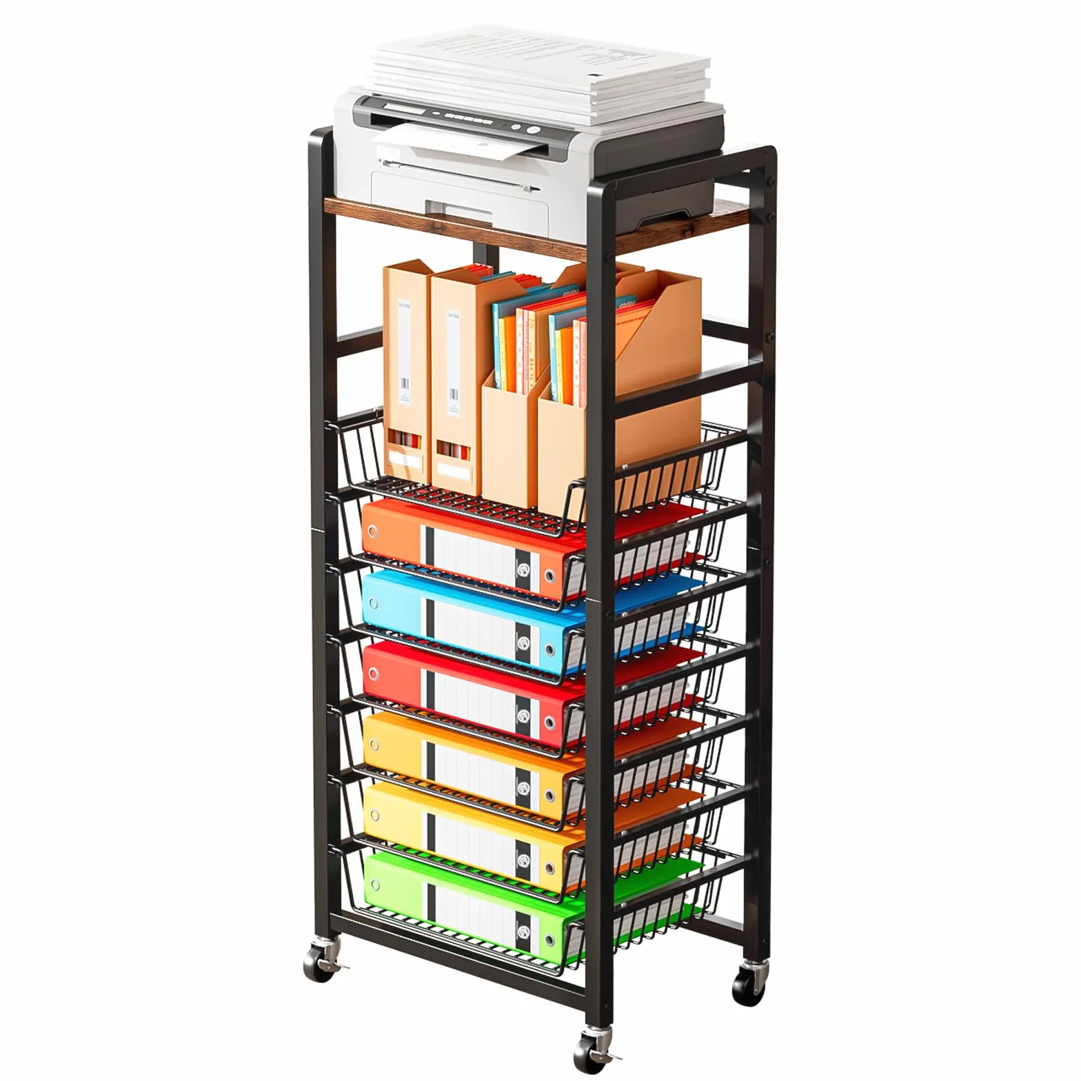 Carrito Organizador Móvil de 8 Niveles con Bandejas Metálicas | Tablero Superior de Madera, Ruedas Giratorias 360°, Negro, 44,5 × 28 × 106,5 cm, para Oficina y Hogar