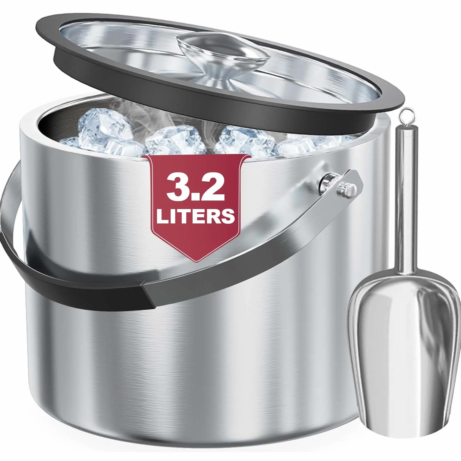 Cubitera con Tapa y Scoop, 3.2L Cubiteras Para Hielo Botellas Aislamiento de Doble Pared Acero Inoxidable, Champanera Cubitera Vino Cubo de Hielo Refrigerada Bebidas y Alimentos