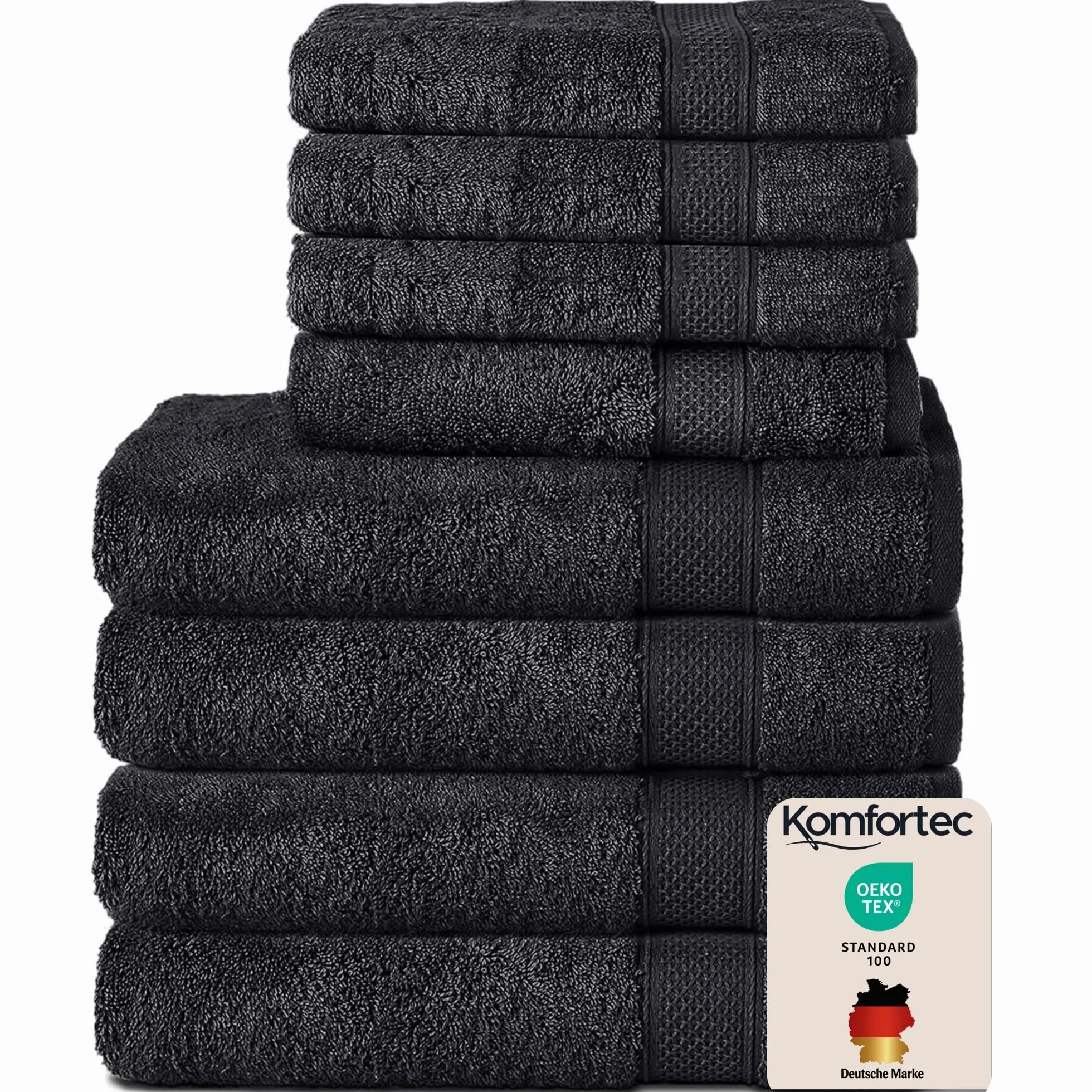 Komfortec Juego de 8 Toallas 100% Algodón | 4 Toallas de Baño 70 x 140 cm y 4 Toallas de Lavabo 50 x 100 cm – Juego de Toallas Suaves y Absorbentes – Negro