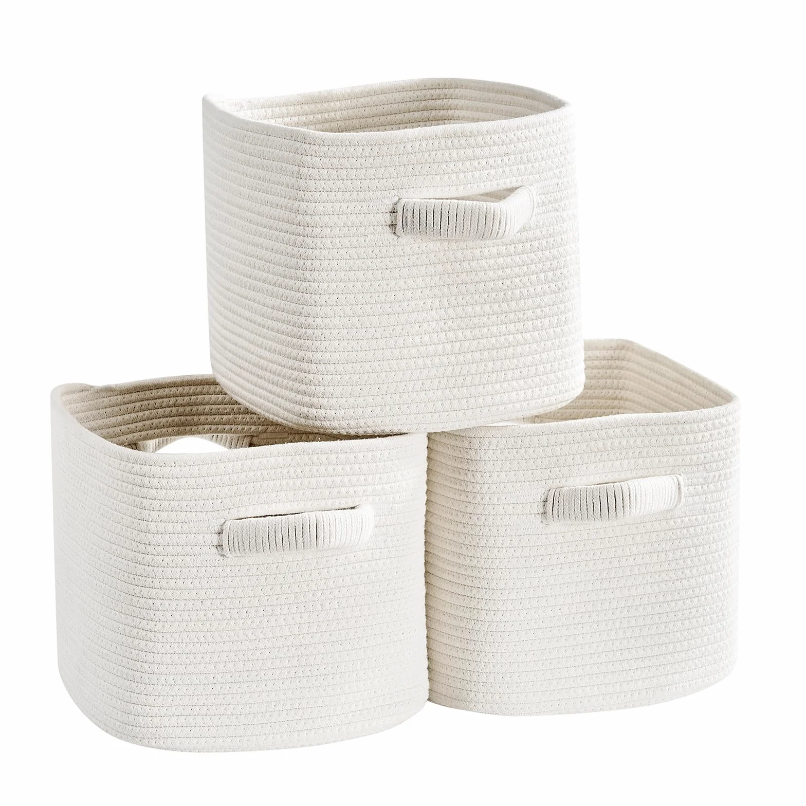 Mangata Juego de 3 cestas de almacenamiento de cuerda de algodón trenzado con asas, para estantería, baño, salón y habitación infantil, 28 x 28 x 25 cm, color blanco
