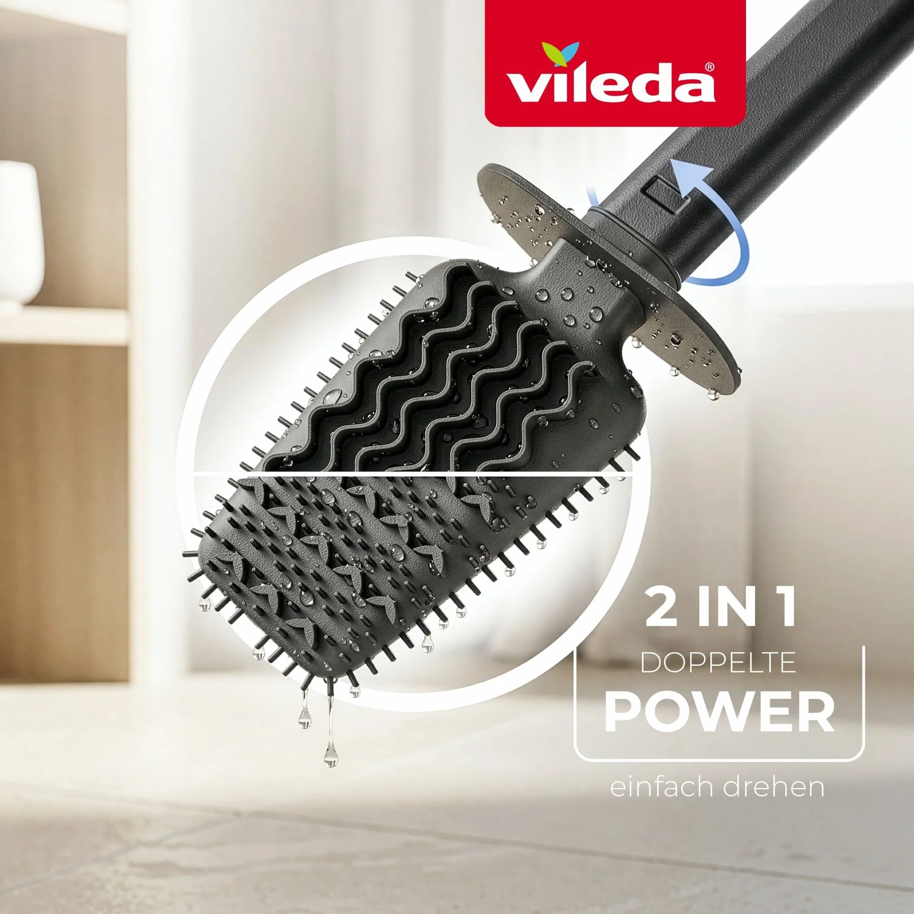 Vileda Cepillo WC de Silicona con Cabezal Flexible y Mango de Acero Inoxidable – Escobilla WC 2 Zonas de Limpieza Higiénico