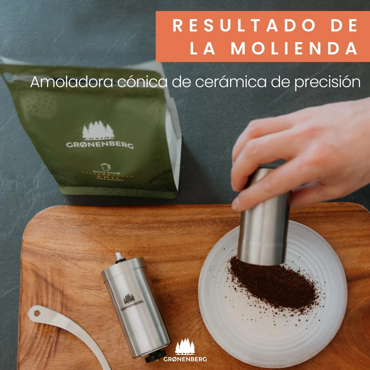 Groenenberg Pack ahorro 1 | Cafetera francesa 1l + Molinillo de café manual | Prensa francesa (acero inox) con filtros de repuesto