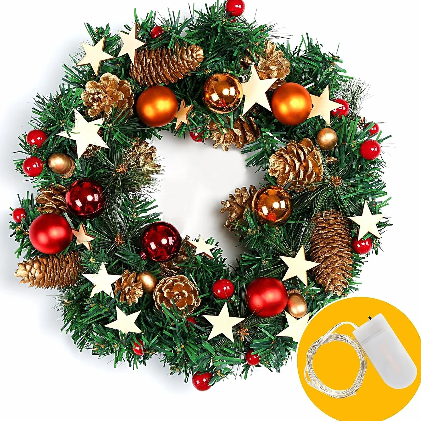 Naler Guirnalda de Corona de Navidad LED Puerta Decoración Navideña con Bolas Piñas Conos con Luz Blanca Cálida