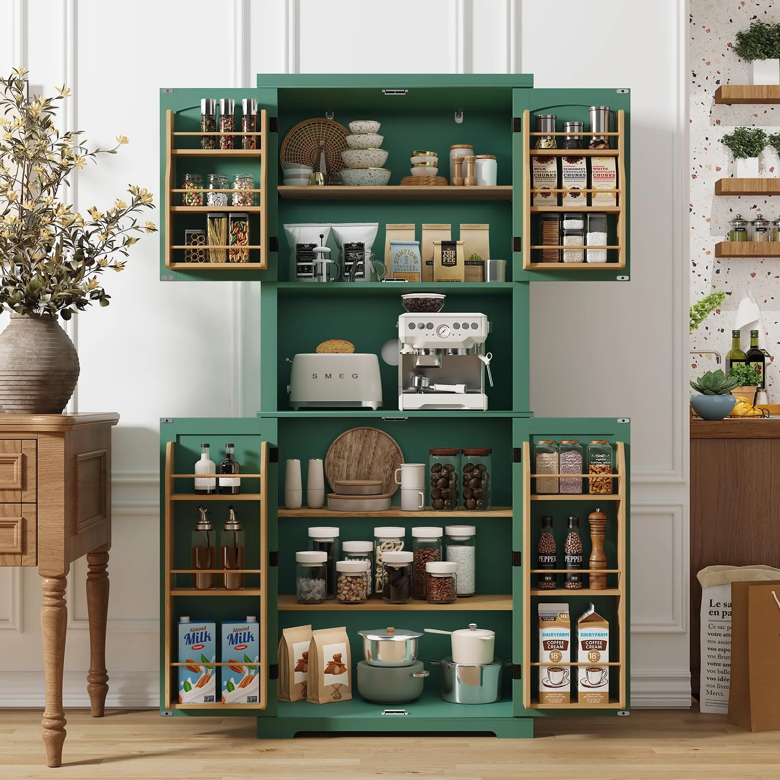 HOLTICO Armario de Cocina con Encimera y 2 Estantes Ajustables,Mueble Despensa,Armario Alto,6 Estantes Interiores,12 Estantes Laterales,para Comedor,Lavadero,Sala de Estar,76x40x182cm,Verde
