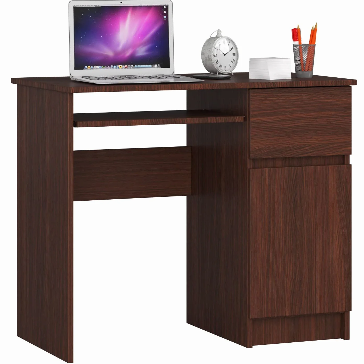 AKORD | Escritorio con Estante para Teclado | Escritorio de Oficina | Cajón y Contenedor en el Lado Derecho | para Computadora PC Portátil | 90x77x50 cm | 30 kg Wengé