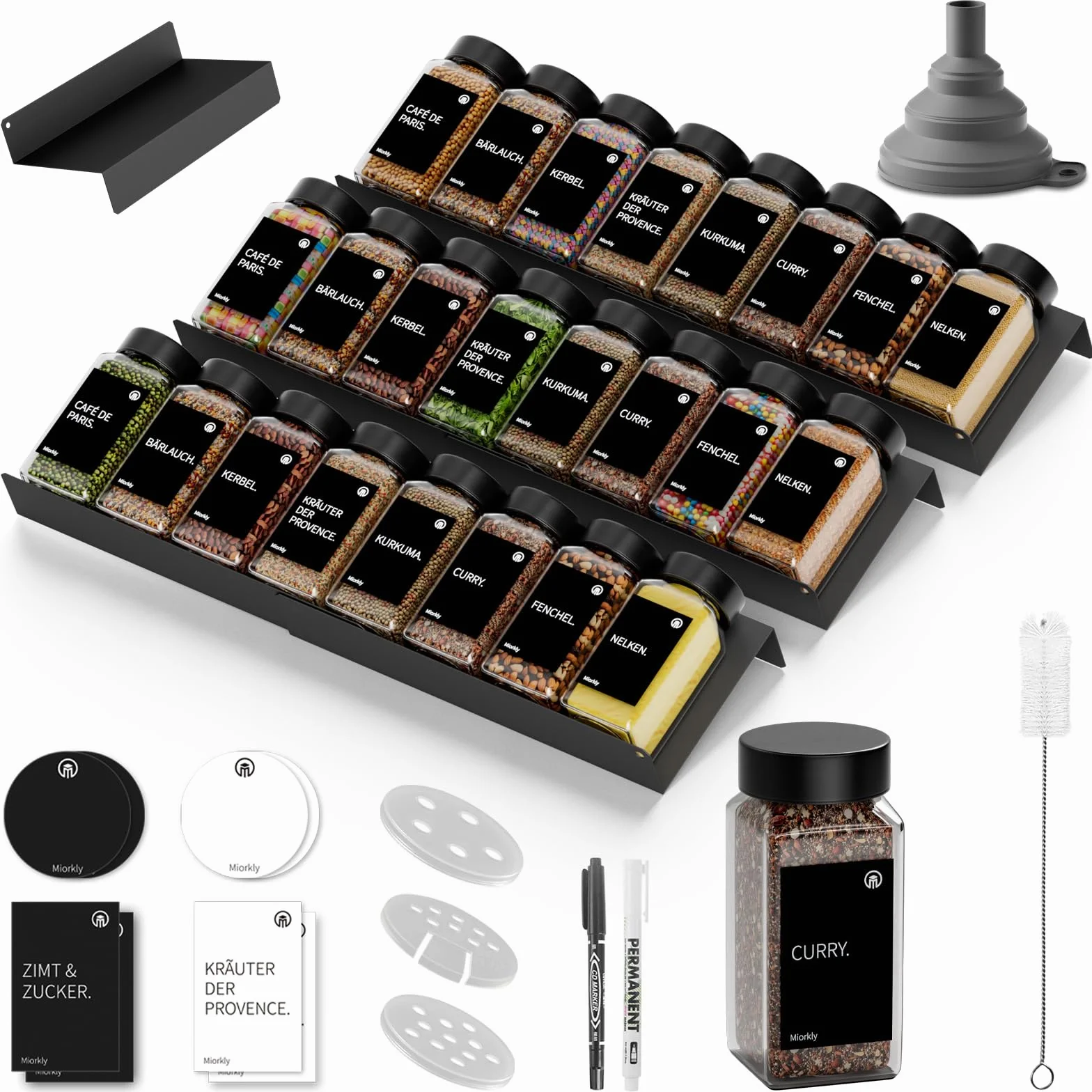Miorkly Frascos de especias con estante para especias, 24 tarros de especias rectangulares con etiquetas (120 ml) y 6 organizadores de especias de metal, tapa negra, perfectamente organizados para