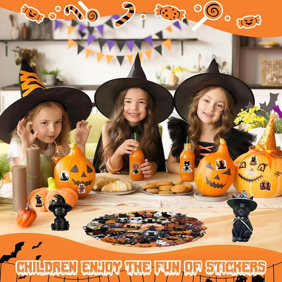 Set de Decoración de Gato-Bruja para Halloween, Figura de Resina con Sombrero de Bruja y 50 Pegatinas