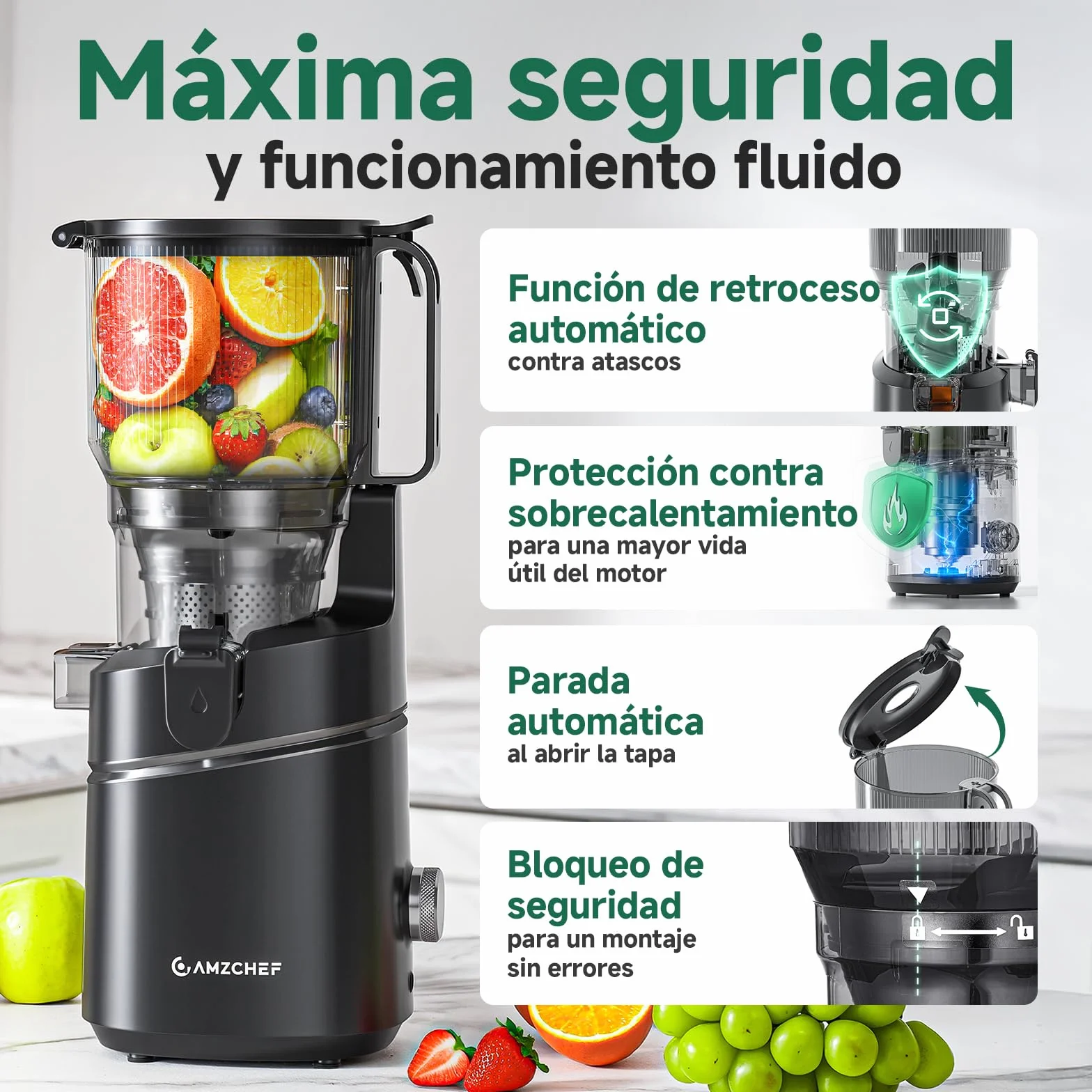 AMZCHEF Extractor de Zumo Automático Multifuncional de 250W, 150MM de Apertura, Exprimidor de Frutas y Verduras de 2 Litros con Triple Filtro - Negro