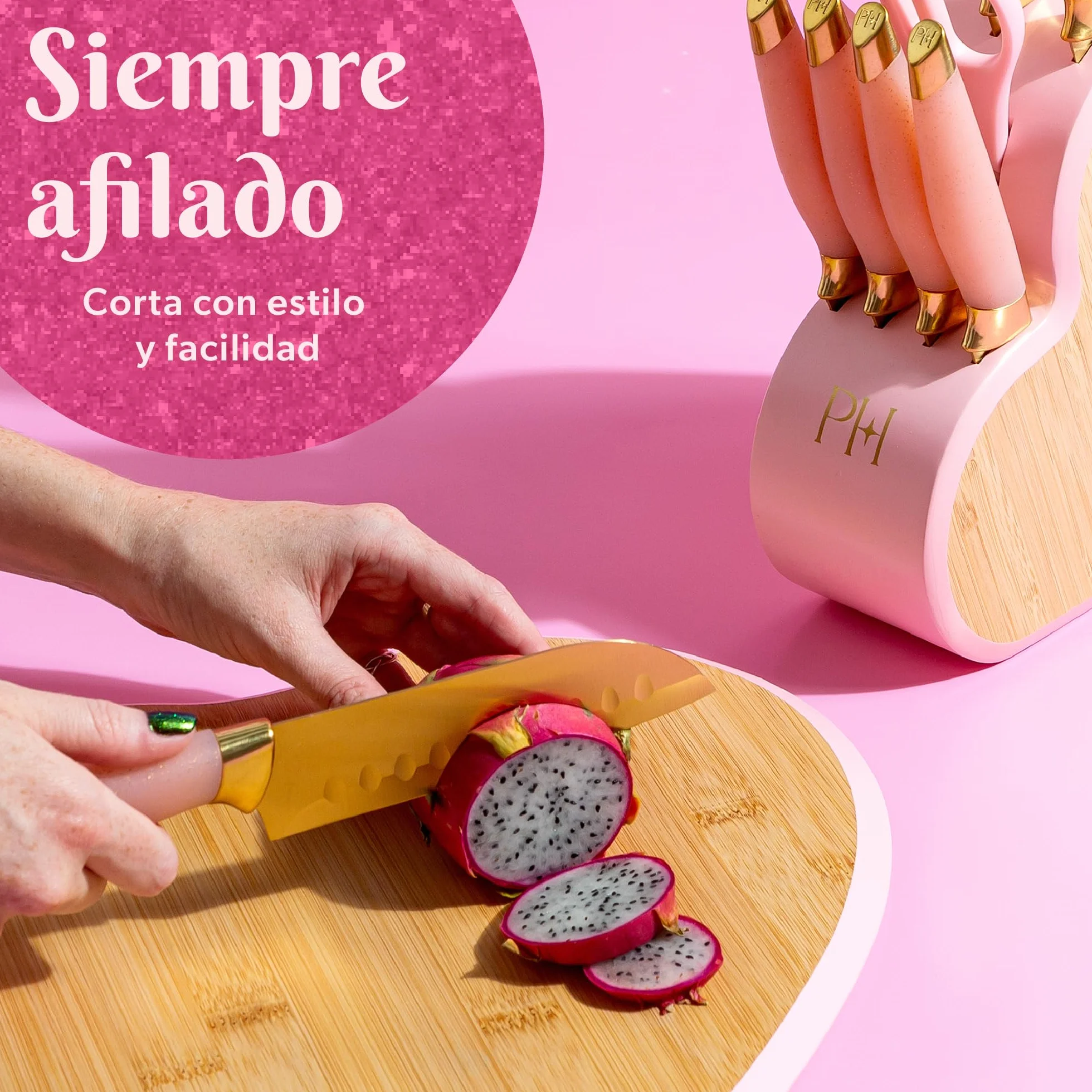 Set de Cuchillos Paris Hilton en Bloque de Bambú, 10 Piezas con Mangos Rosados y Cuchillas Doradas, Ideal para Regalo