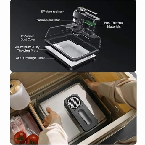 Bandeja de descongelación rápida para carne congelada con tecnología de flujo de aire, incluye tapa y temporizador recargable para filetes, pollo, mariscos