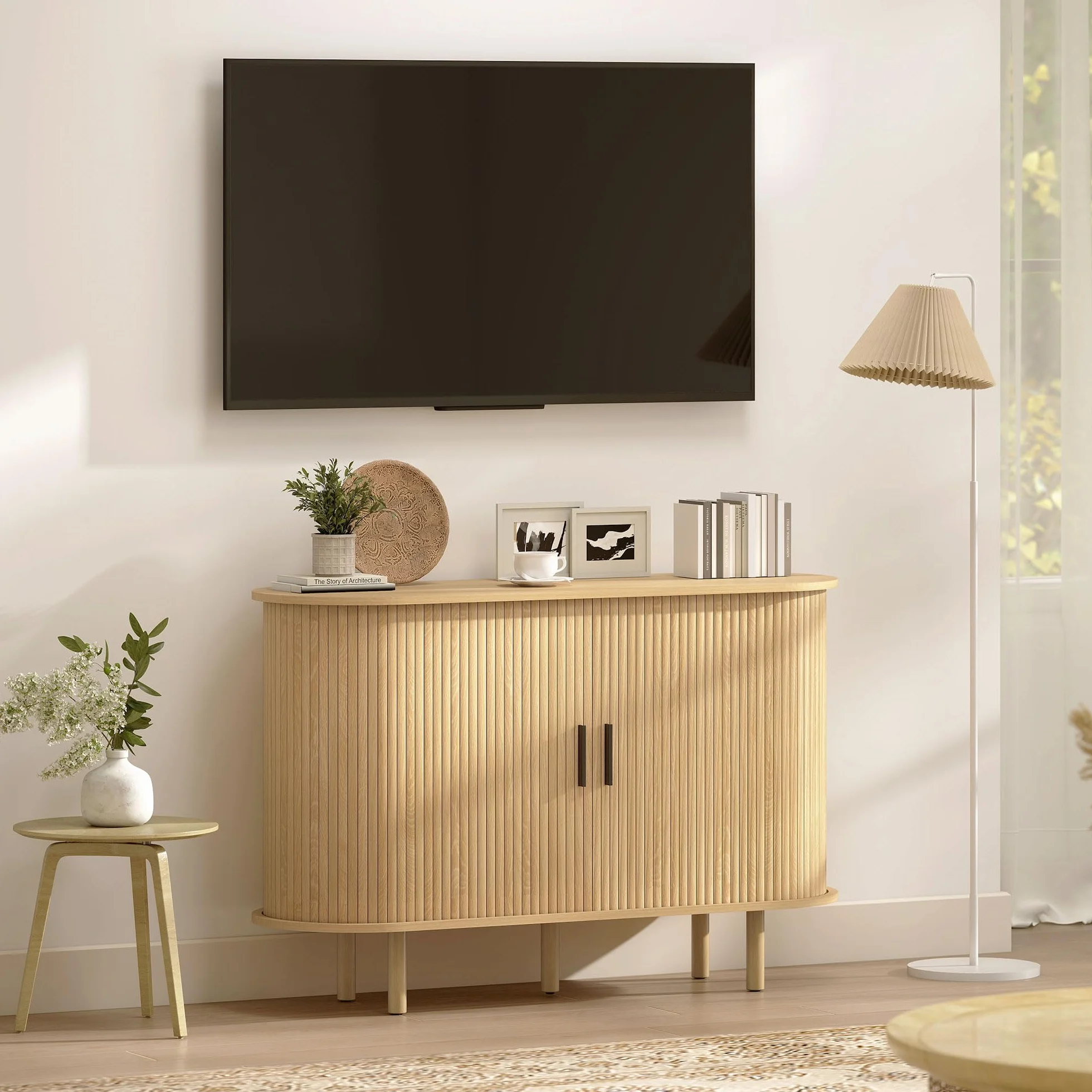 HOMCOM Aparador con Puertas Tambour Deslizantes, 4 Compartimentos, Patas de Madera, Roble, 120x40x78 cm
