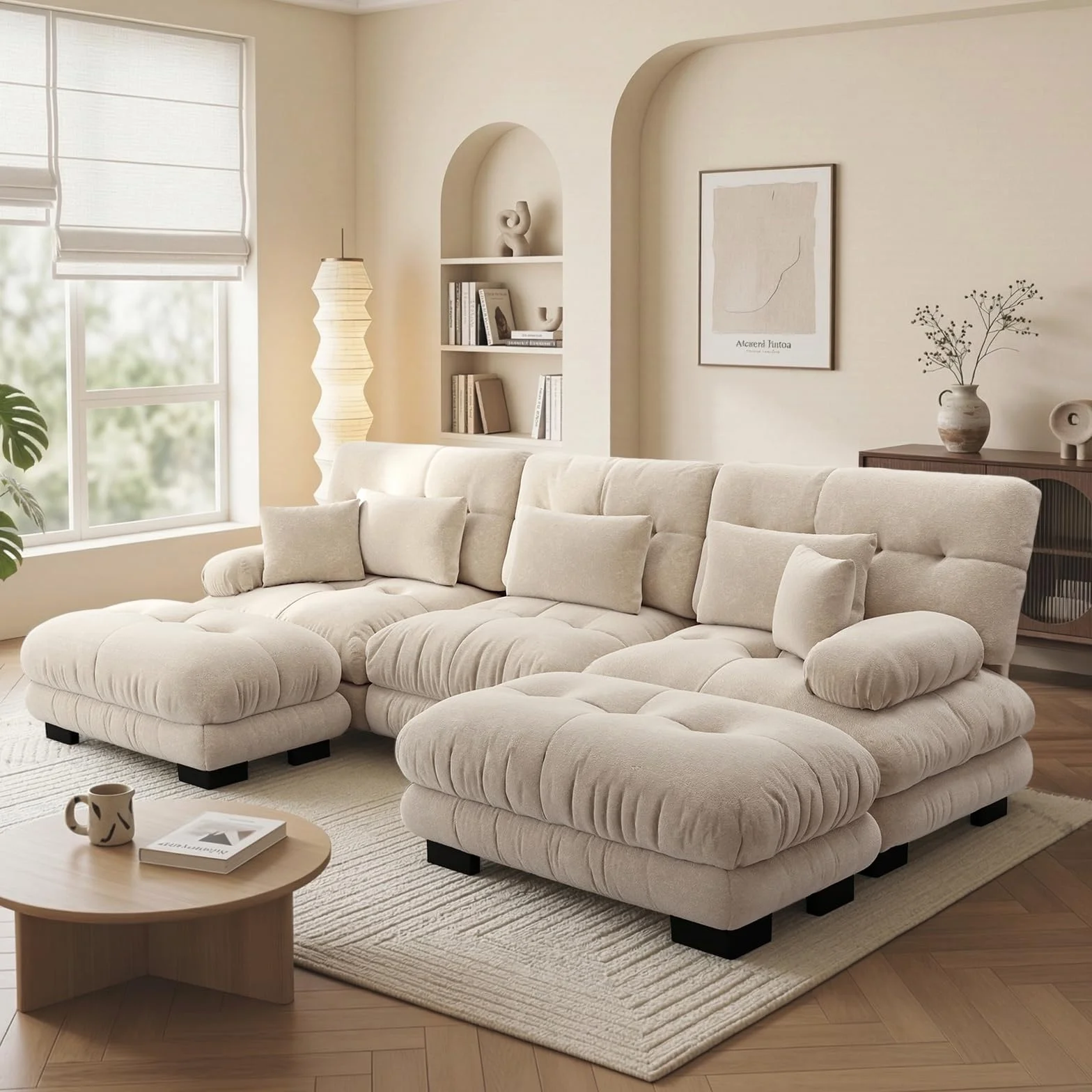 Sofá Modular 3 Plazas 313 cm con 2 Reposapiés, Modular en Forma de U, Tela Chenille, Estructura de Madera, Color Café Claro