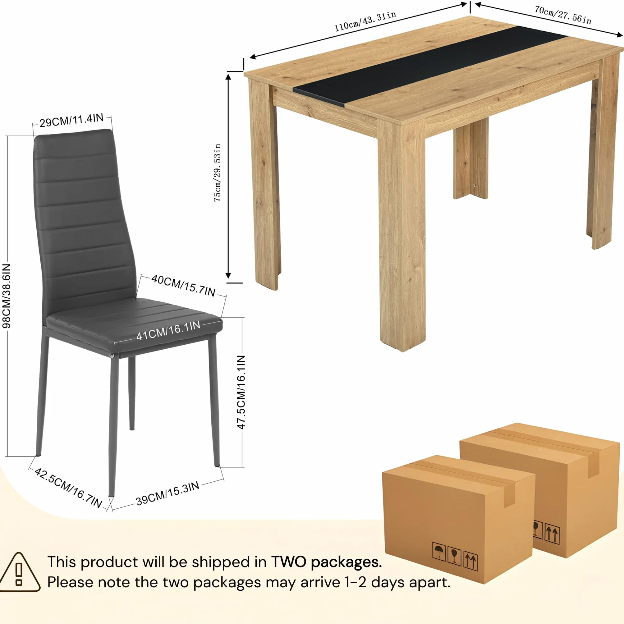 Juego de mesa de comedor rectangular de 110 cm con 4 sillas, conjunto de mesa y sillas de comedor de piel sintética gris, para pequeño espacio de cocina, comedor y salón (roble + gris)