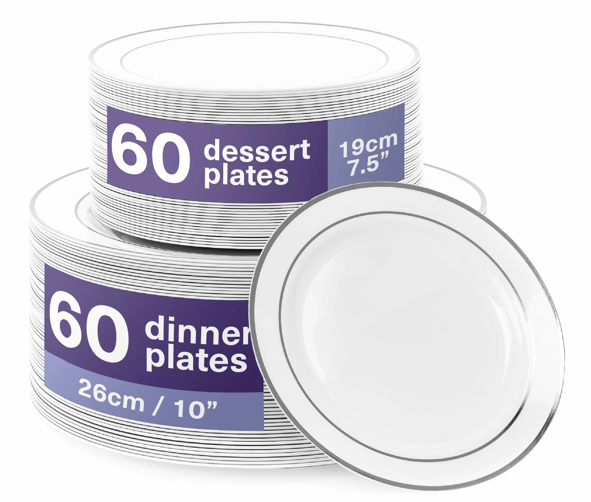 MATANA 120 Platos de Plástico Blanco Premium con Borde Plateado, 2 Tamaños - Elegantes y Reutilizables - Vajilla Resistente e Irrompible para Bodas, Cumpleaños, Catering, Fiestas