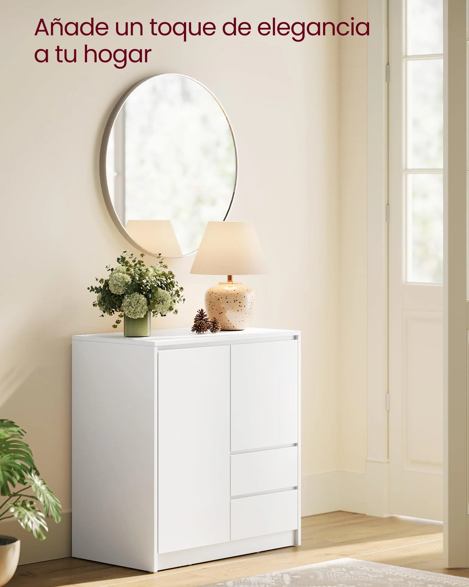 VASAGLE KAILYN Aparador Armario Almacenamiento con Puerta Estante Ajustable 2 Cajones 40 x 70 x 74.5 cm Blanco Nube