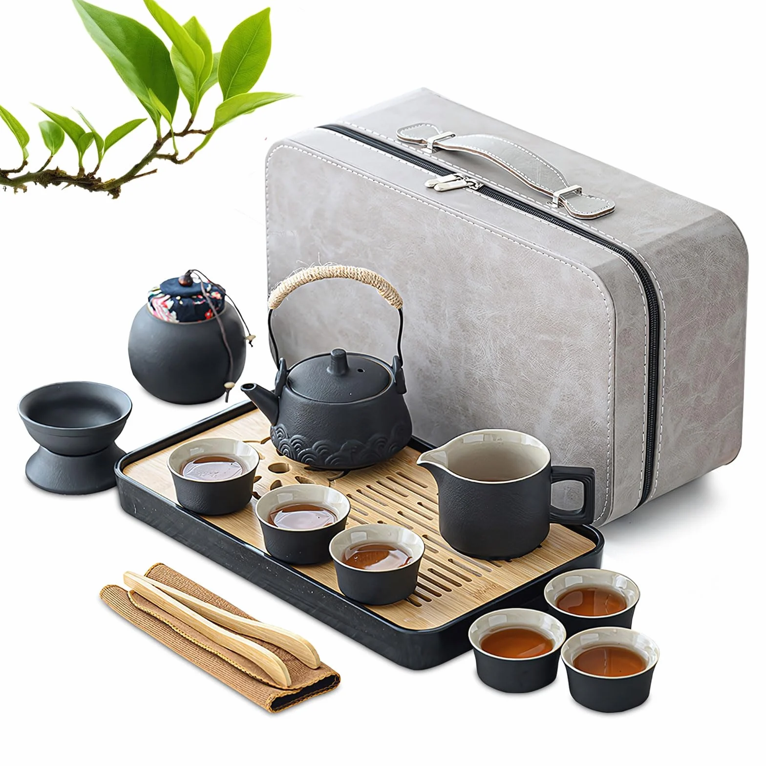 Juego de Té Chino Gongfu Tradicional, Juegos de té japoneses, Juego de Té Negro Portátil para Adultos, 14 Juegos portátiles de teteras de cerámica Negra