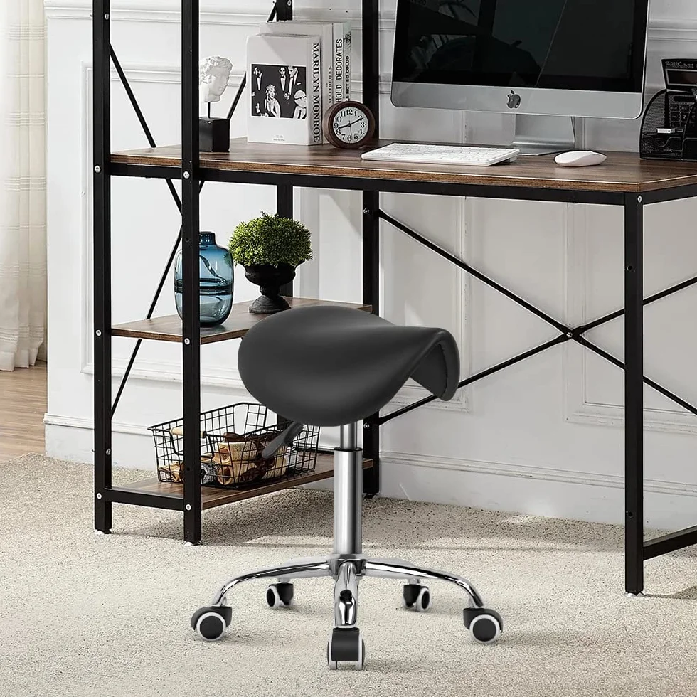 KKTONER Taburete Tipo Silla de Montar, Altura Ajustable 45-61cm, Giratorio 360° con Ruedas, Taburete de Oficina sin Respaldo para Estética, Peluquería y Hogar Negro