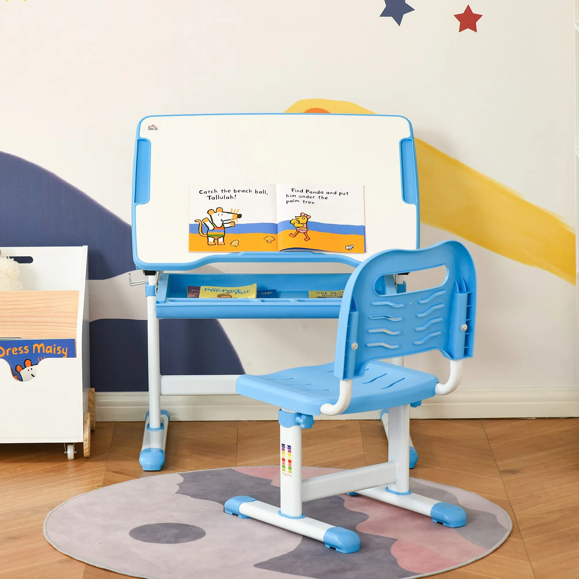 HOMCOM Pupitre Infantil 2 en 1 Escritorio y Silla Ajustable para Niños +6 Años Mesa Regulable Ángulo Bandeja Deslizante 66x47x77 cm Azul