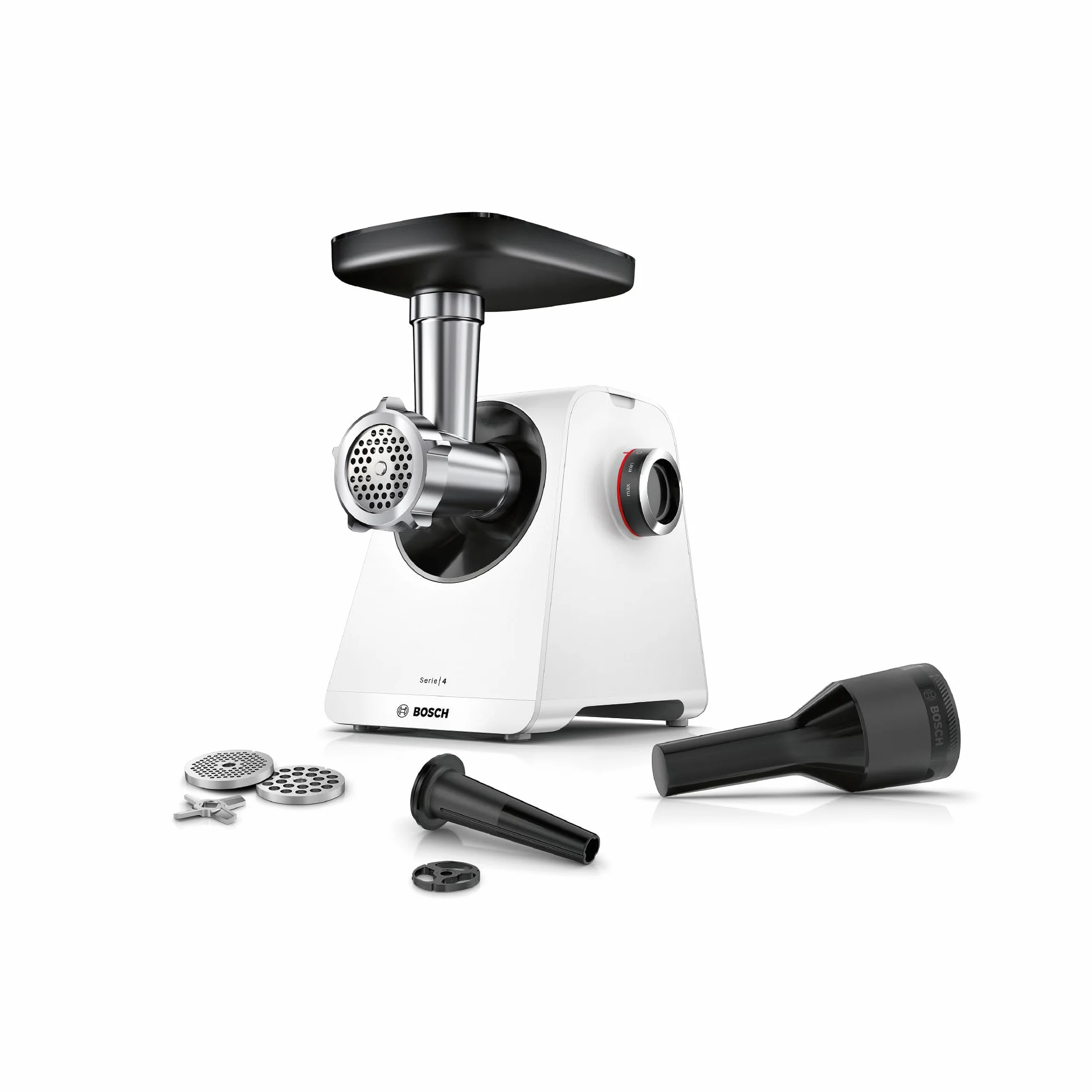 Bosch - Picador de carne, MultiPower, Serie 4, 1900 W, Molinillo, Accesorio para salchichas, Blanco, MFWS420W