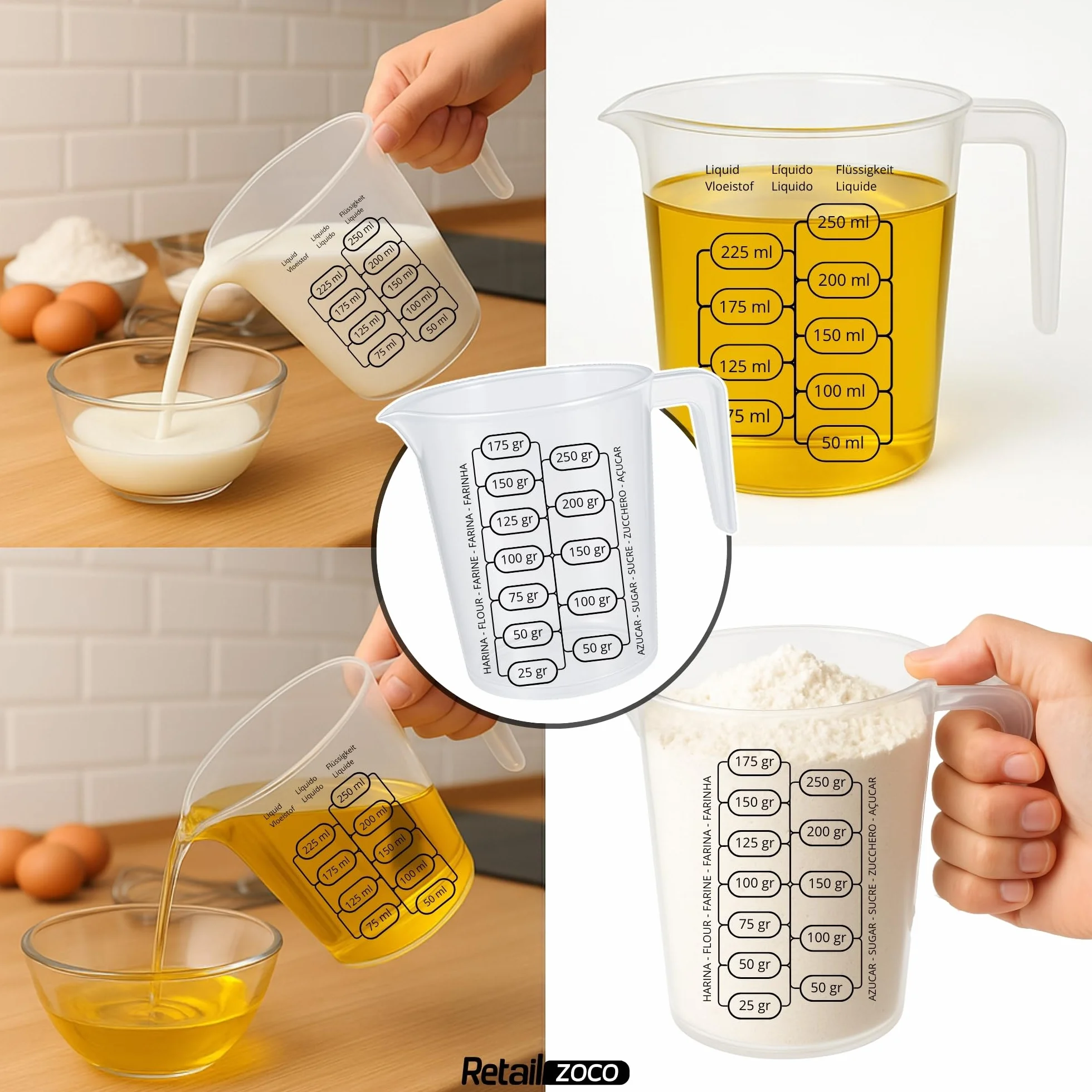 CHEFZOCO Jarra Medidora, Vaso Medidor, Plástico Transparente, Graduación Dual ml/gr, Apto Microondas