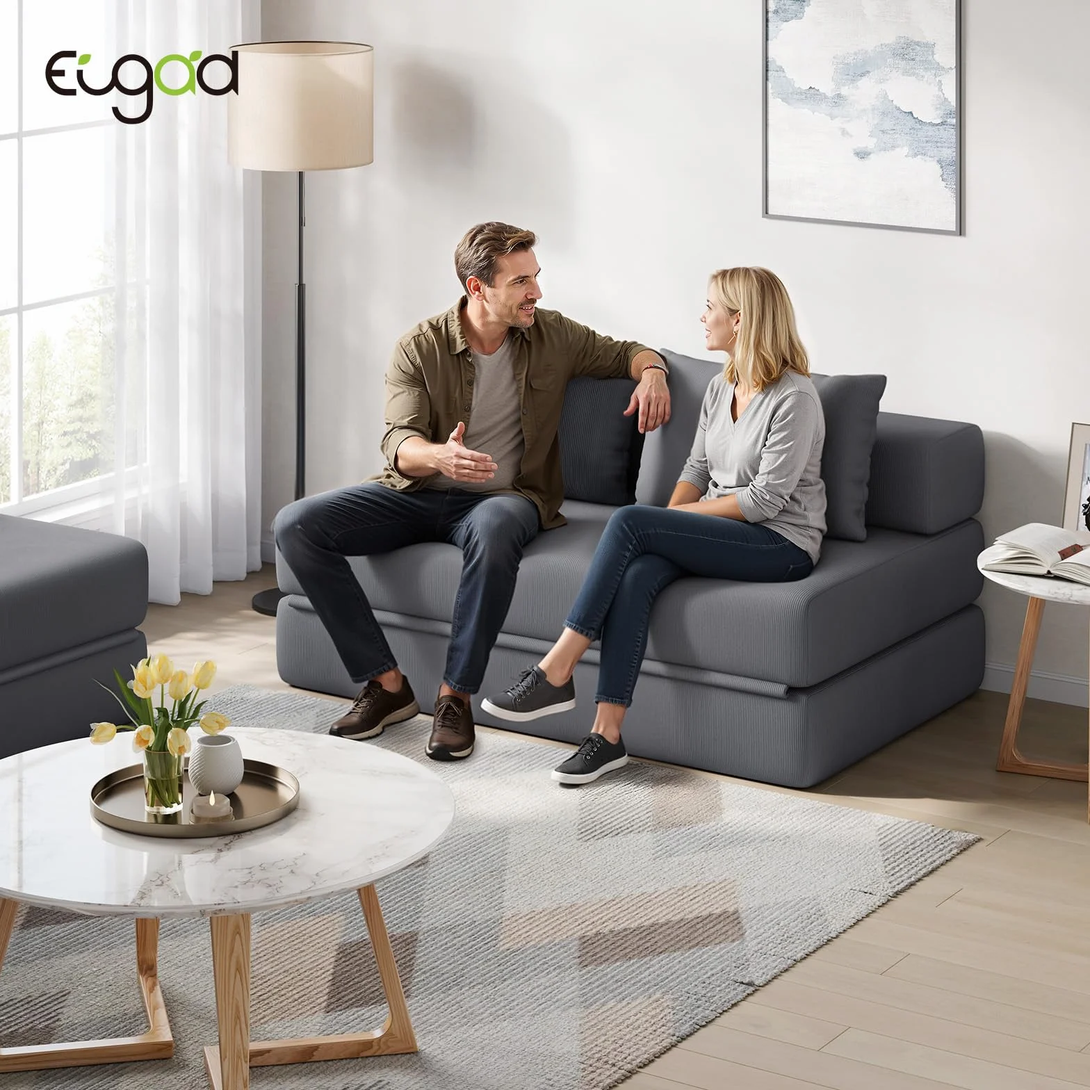 EUGAD Sofá Cama 2 Plazas con Cojines Mullidos, Puff Cama Plegable para 2-3 Personas, Sofa Plegable de Esponja de Densidad y Tejido de Pana, para Salón, Dormitorio, Lofts, Gris Oscuro