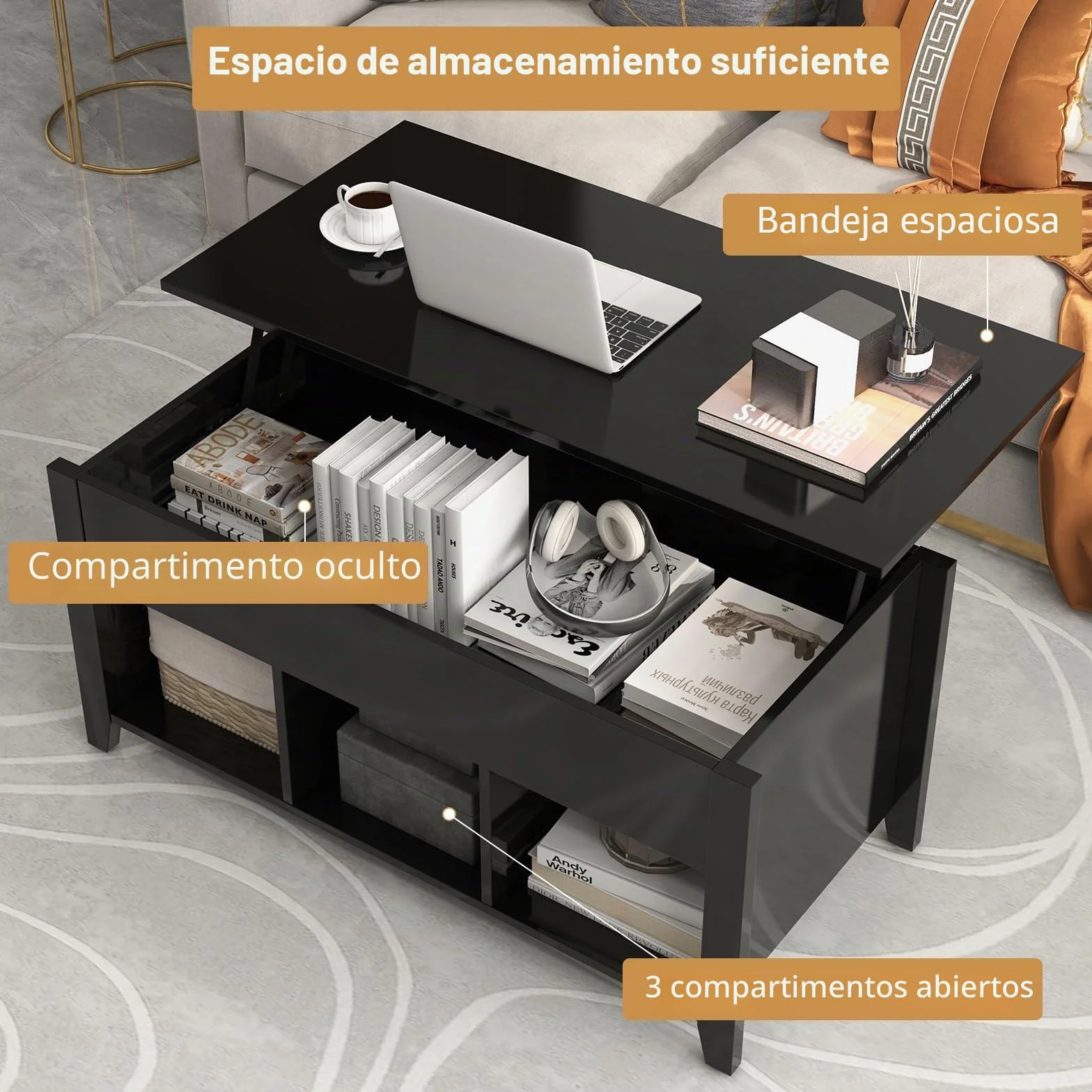 GOPLUS Mesa de Centro Elevable, Mesa Baja Café con Compartimento Oculto y 3 Compartimentos de Almacenamiento, Decorativo para Salón y Oficina (105x52x63 cm, Negro)
