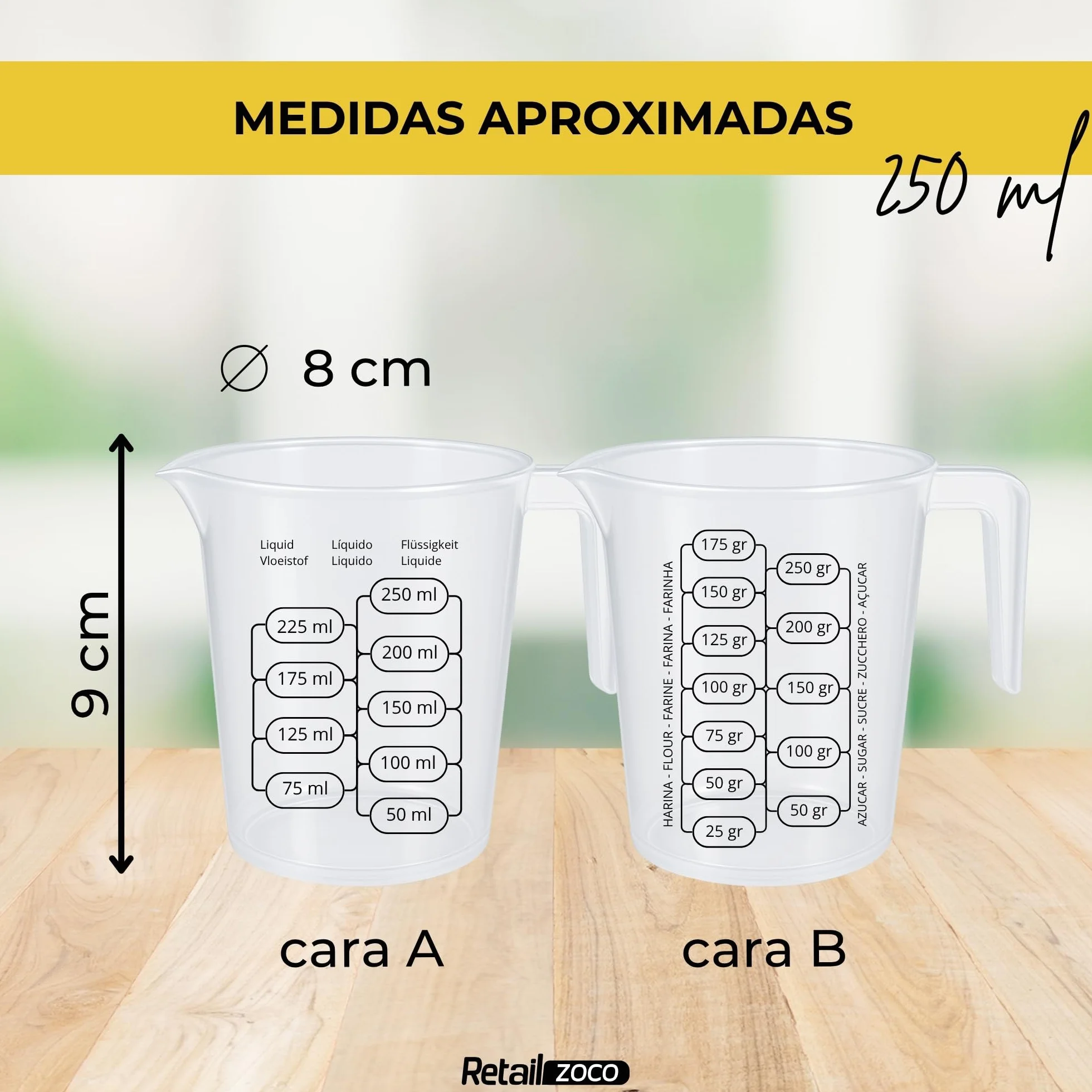 CHEFZOCO Jarra Medidora, Vaso Medidor, Plástico Transparente, Graduación Dual ml/gr, Apto Microondas